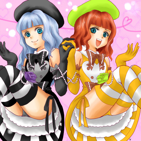 vienetta, furfur, zepar, umineko no naku koro ni, striped, lowres, 00s, 1boy, 1girl, aqua eyes, asymmetrical legwear, beads, beret, black bow, blue hair, bow, brown bow, crossdressing, detached sleeves, dress, elbow gloves, flower, frills, gloves, green flower, green rose, hat, heart, heart of string, hetero, holding hands, mismatched legwear, orange hair, purple flower, purple rose, rose, symmetry, thighhighs, trap