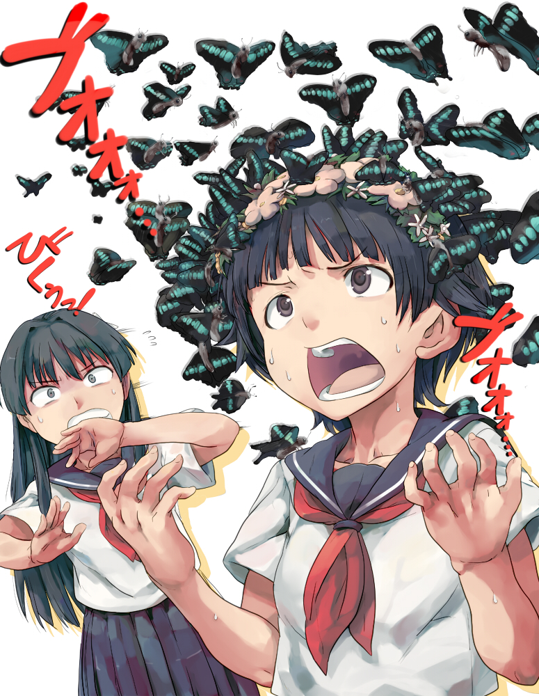 knucklecurve, saten ruiko, uiharu kazari, toaru kagaku no railgun, toaru majutsu no index, bad id, bad pixiv id, 00s, 2girls, bug, butterfly, flower, hair flower, hair ornament, head wreath, insect, multiple girls, open mouth, school uniform, serafuku, uvula