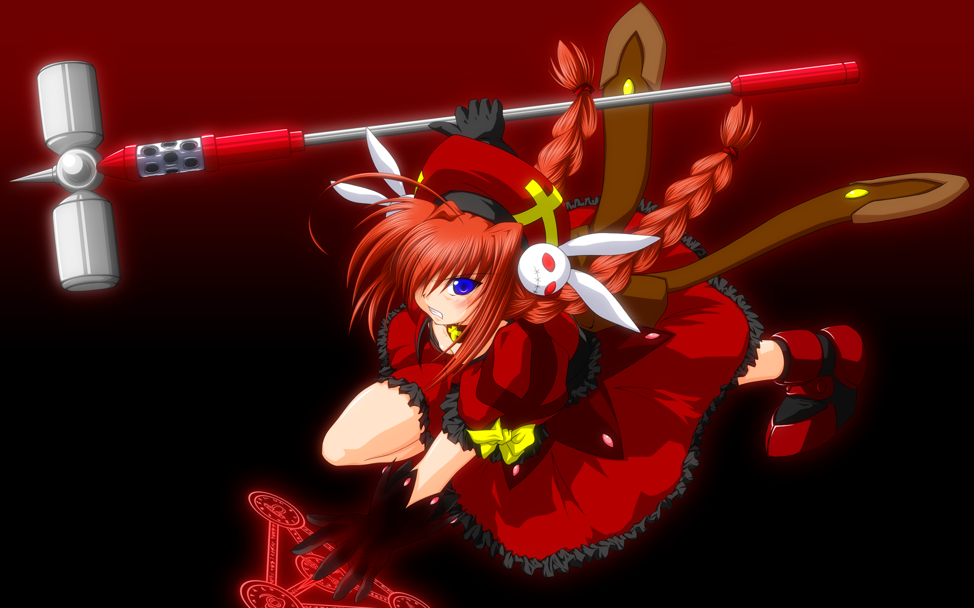 ryokusuiteien, graf eisen, vita (nanoha), lyrical nanoha, mahou shoujo lyrical nanoha, mahou shoujo lyrical nanoha a's, mahou shoujo lyrical nanoha strikers, highres, 00s, 1girl, blue eyes, braid, dress, female focus, frills, gloves, hat, red hair, solo, twin braids