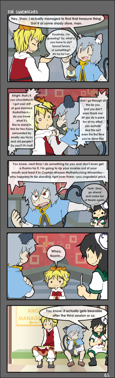 littleshrimp, murasa minamitsu, nazrin, toramaru shou, touhou, english, hard-translated, highres, long image, tall image, translated, 5koma, :<, comic, left-to-right manga, profanity