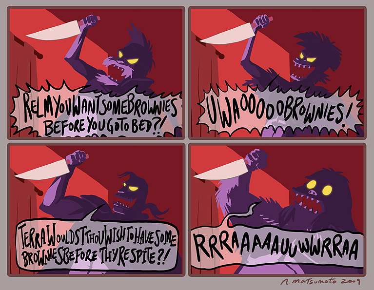 nina matsumoto, cyan garamonde, gau, strago magus, umaro, final fantasy, final fantasy vi, the simpsons, 3boys, comic, english text, glowing, glowing eyes, knife, male focus, multiple boys, parody, silhouette, yeti (creature)