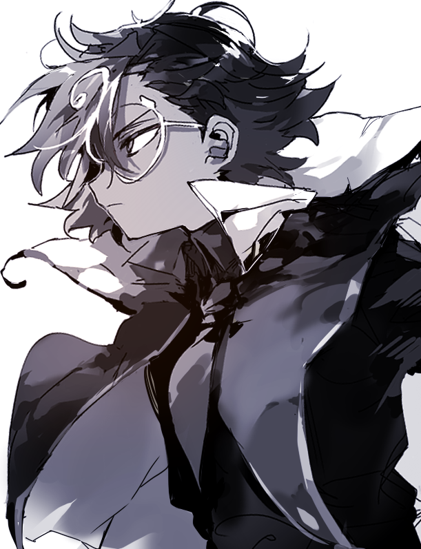 nana (ebitokanimiso), espresso cookie, cookie run, cookie run: kingdom, bad id, bad twitter id, inactive account, painttool sai (medium), 1boy, bishounen, coat, collared shirt, dark-skinned male, dark skin, from side, glasses, greyscale, humanization, male focus, monochrome, open clothes, open coat, profile, round eyewear, shirt, short hair, sketch, upper body, white background