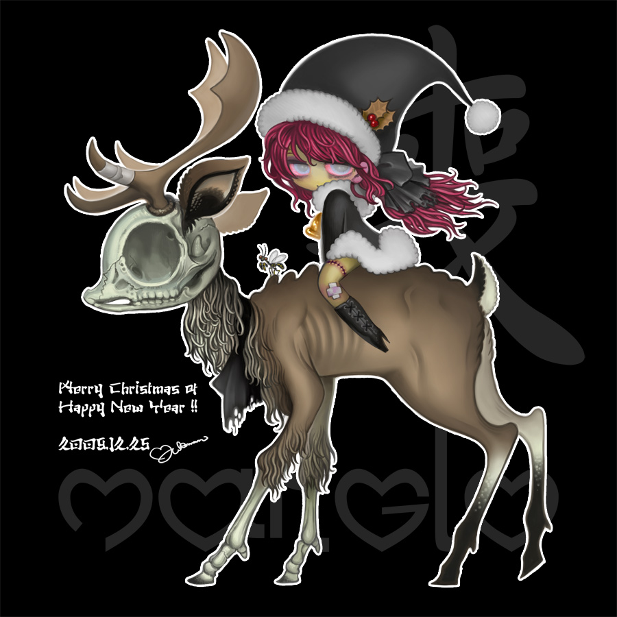 yukaman, 00s, 2009, antlers, bandages, bell, boots, colored sclera, grey eyes, hat, horns, pink hair, pink sclera, reindeer, sitting, skull, zombie