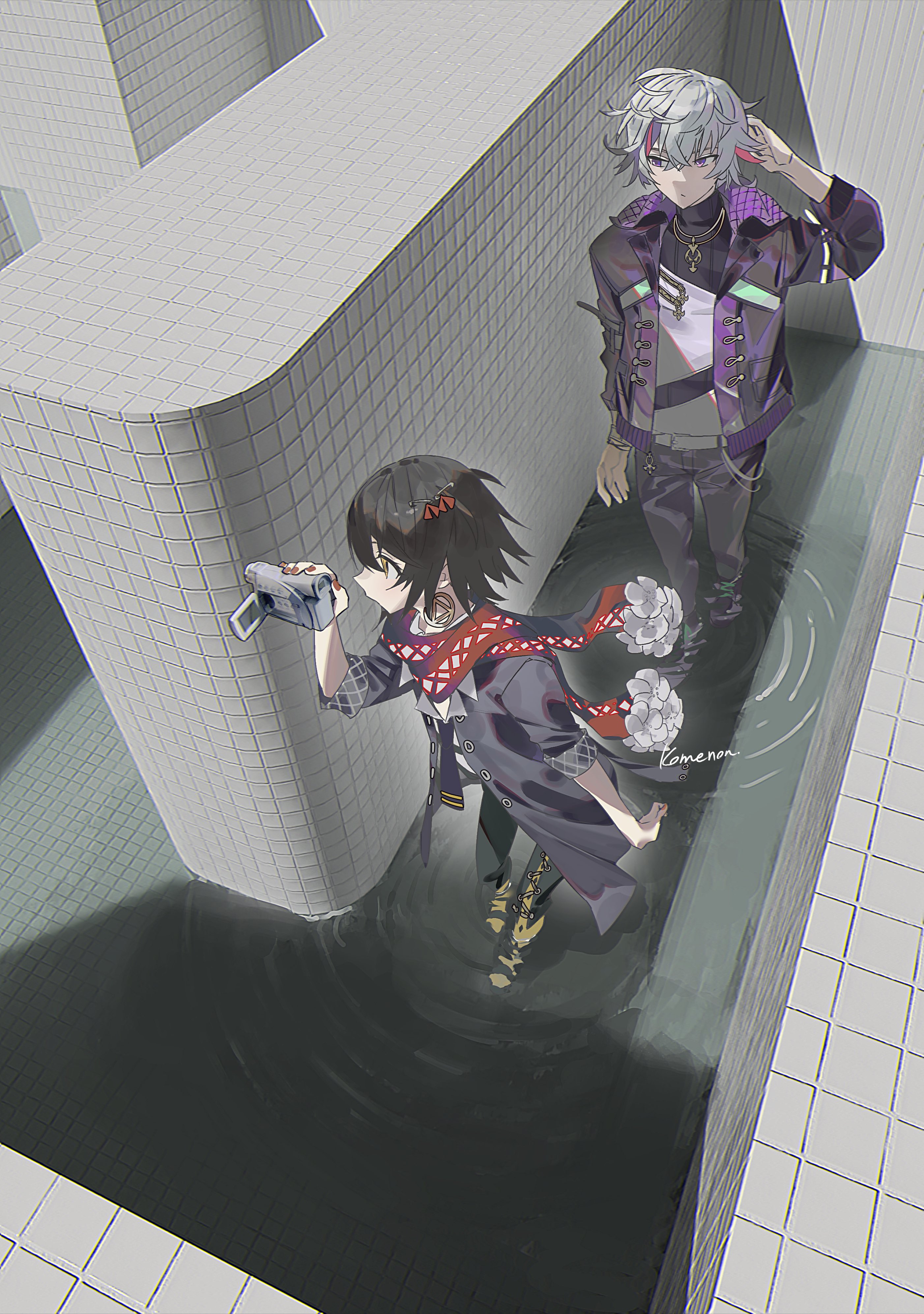 kome non, fuwa minato, fuwa minato (1st costume), mashiro meme, mashiro meme (1st costume), backrooms (creepypasta), nijisanji, absurdres, highres, 2boys, arm behind head, arm up, black hair, black jacket, black pants, camcorder, camera, earrings, full body, hair ornament, holding, holding camera, jacket, jewelry, long sleeves, male focus, multicolored hair, multiple boys, necklace, open clothes, open jacket, pants, purple eyes, red scarf, ripples, scarf, single earring, standing, streaked hair, tile wall, tiles, video camera, virtual youtuber, wading, water, white hair