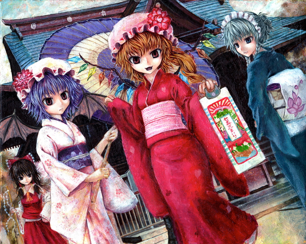 kabaji, flandre scarlet, hakurei reimu, izayoi sakuya, remilia scarlet, touhou, oil painting (medium), painting (medium), traditional media, 4girls, dutch angle, female focus, hat, hatsumoude, japanese clothes, kimono, multiple girls, new year, outdoors, skirt, sky