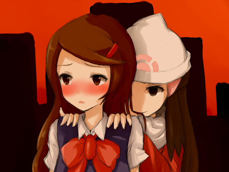 monono hazumi, dawn (pokemon), lass (pokemon), lass (pokemon dppt), nintendo, pokemon, pokemon dppt, 00s, 2girls, alternate costume, beanie, black hair, blush, brown eyes, brown hair, empty eyes, hair in own mouth, hat, multiple girls, npc trainer, pinky out, scarf, school uniform, winter clothes, you gonna get raped