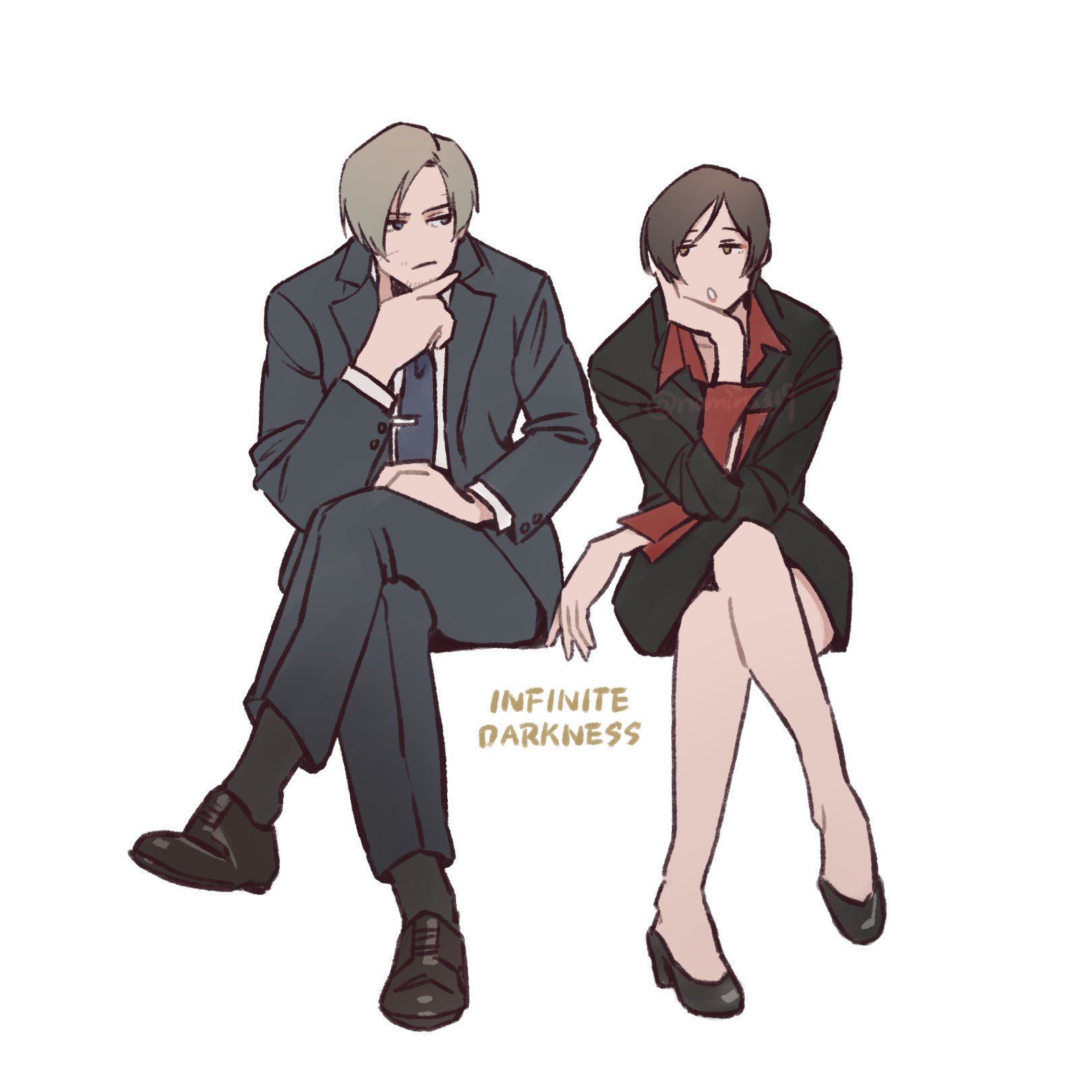 namiru319, ada wong, leon s. kennedy, resident evil, resident evil: infinite darkness, resident evil 2, resident evil 2 (remake), resident evil 4, resident evil 4 (remake), resident evil 6, highres, 1boy, 1girl, bare legs, blonde hair, blue eyes, blue suit, brown eyes, brown hair, couple, crossed legs, formal clothes, high heels, jacket, miniskirt, pale skin, red shirt, shirt, short hair, sitting, skirt, suit