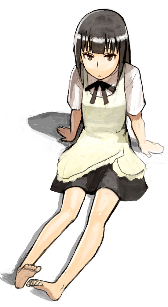 yu 65026, yamada aoi, working!!, 1girl, :<, apron, barefoot, black hair, brown eyes, feet, female focus, full body, legs, long hair, looking at viewer, sitting, sketch, soles, solo, toes, tsurime, waitress, white background