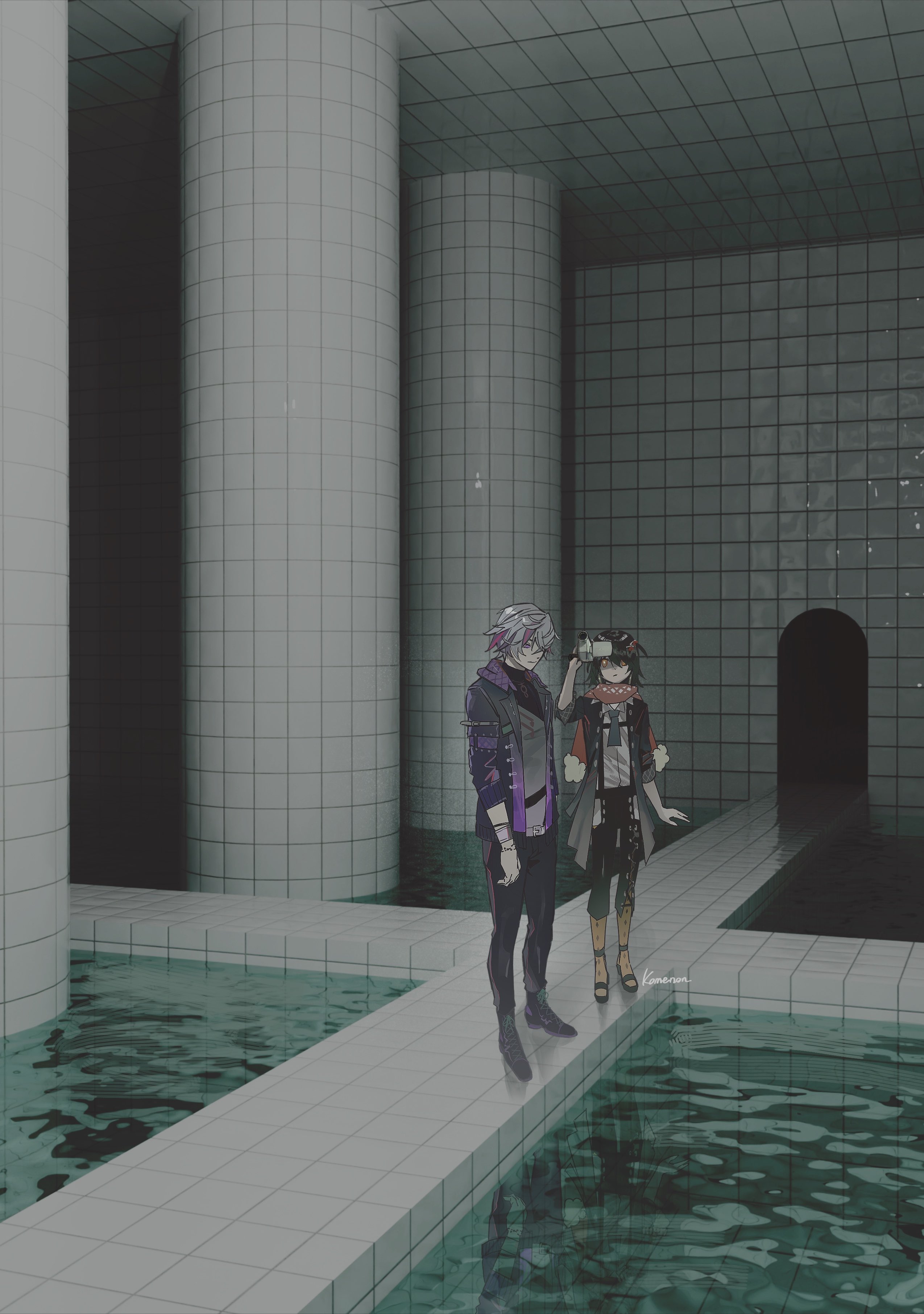 kome non, fuwa minato, fuwa minato (1st costume), mashiro meme, mashiro meme (1st costume), backrooms (creepypasta), nijisanji, absurdres, highres, 2boys, arm up, black hair, boots, camcorder, camera, ceiling, closed mouth, coat, column, full body, gradient coat, holding, holding camera, indoors, jacket, male focus, multicolored hair, multiple boys, open clothes, open coat, pillar, purple jacket, shadow, shirt tucked in, standing, streaked hair, tile ceiling, tile floor, tile wall, tiles, video camera, virtual youtuber, water, white hair, yellow boots, yellow eyes