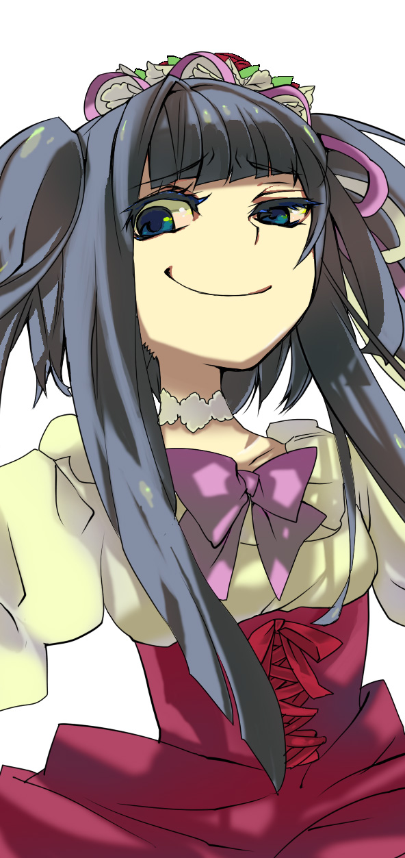 gm, furudo erika, umineko no naku koro ni, bad id, bad pixiv id, highres, 00s, 1girl, bow, colored eyelashes, eyelashes, female focus, pink bow, raised eyebrows, ribbon, smile, smirk, solo