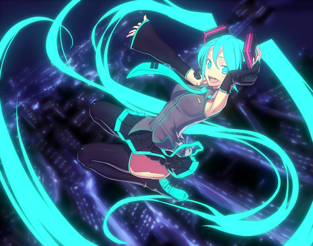 fondolger, hatsune miku, vocaloid, bad id, bad pixiv id, 1girl, aqua eyes, aqua hair, armpits, blue eyes, blue hair, detached sleeves, female focus, fondoler, glowing, glowing hair, green eyes, green hair, legs, long hair, matching hair/eyes, midair, necktie, neon lights, open mouth, skirt, solo, thighhighs, twintails, very long hair, zettai ryouiki