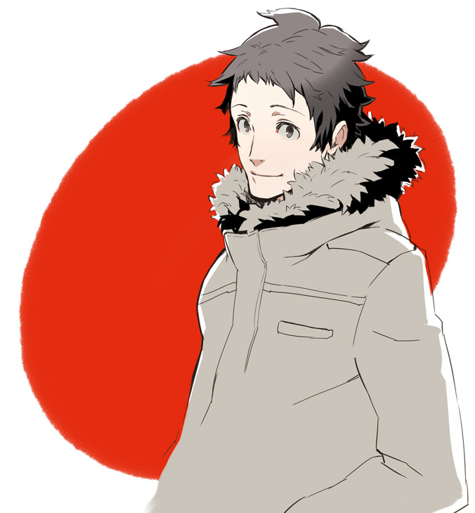 ginsyari, kishiwada robin, adachi tooru, atlus, persona, persona 4, 1boy, black eyes, black hair, coat, japanese flag, male focus, rising sun flag, short hair, smile, solo, sunburst