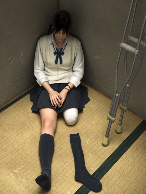 yoshitaka kawakami, 1girl, amputee, bracelet, crutch, female focus, full body, jewelry, realistic, school uniform, sitting, skirt, solo, thighhighs