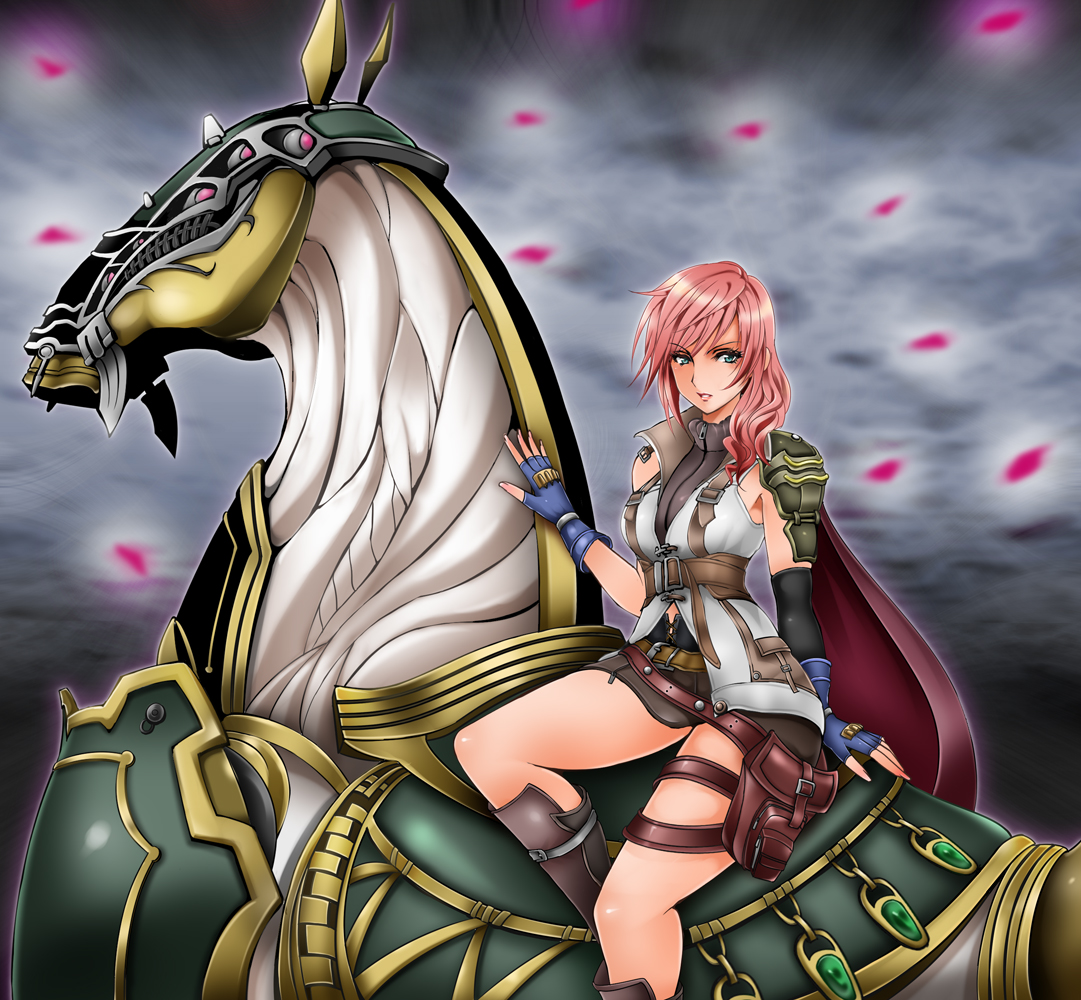 1041 (toshikazu), lightning farron, odin (final fantasy), final fantasy, final fantasy xiii, square enix, 10s, cape, fingerless gloves, gloves, green eyes, miniskirt, petals, pink hair, skirt, thigh strap