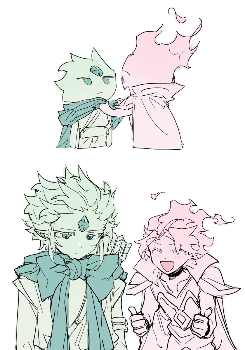 nana (ebitokanimiso), fire spirit cookie, wind archer cookie, cookie run, bad id, bad twitter id, commentary, highres, inactive account, painttool sai (medium), symbol-only commentary, 2boys, :d, ^ ^, armor, bow, cape, closed eyes, fiery hair, forehead jewel, green theme, humanization, jitome, male focus, multiple boys, multiple monochrome, multiple views, open mouth, pointy ears, red theme, scarf, short hair, sidelocks, simple background, sketch, smile, thumbs up, white background