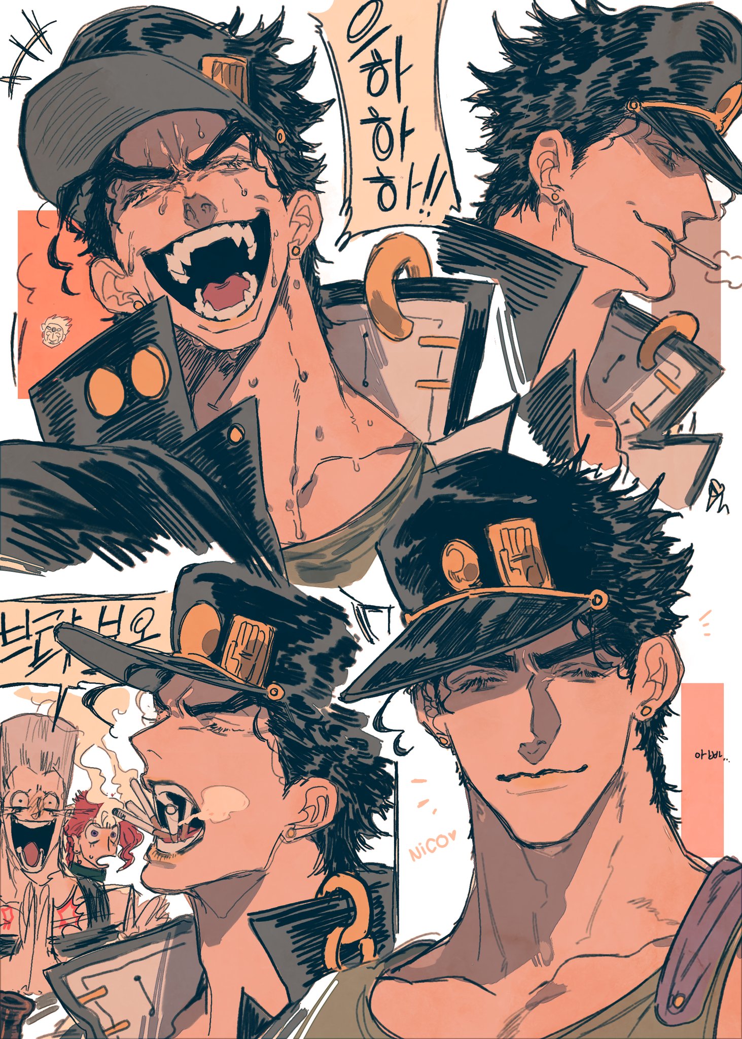 mnnd, jean pierre polnareff, kakyoin noriaki, kuujou joutarou, jojo no kimyou na bouken, stardust crusaders, commentary, highres, symbol-only commentary, > <, 3boys, :d, ^ ^, black hair, black hat, cigarette, closed eyes, constricted pupils, flattop, grey hair, hat, high collar, korean text, laughing, male focus, multiple boys, multiple views, open mouth, peaked cap, red hair, smile, smoking, sweat, tall hair, wide-eyed, xd