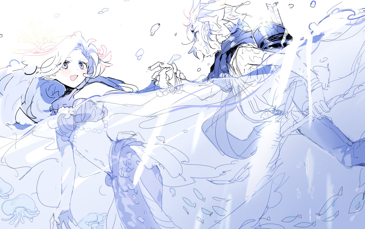 nana (ebitokanimiso), sea fairy cookie, wind archer cookie, cookie run, bad id, bad twitter id, commentary, inactive account, painttool sai (medium), symbol-only commentary, 1boy, 1girl, arrow (projectile), bikini, blue theme, blush, forehead jewel, holding hands, humanization, jellyfish, long hair, mermaid, monochrome, monster girl, monsterification, open mouth, partially submerged, quiver, scarf, shell, shell bikini, short hair, simple background, sketch, swimsuit, water, white background