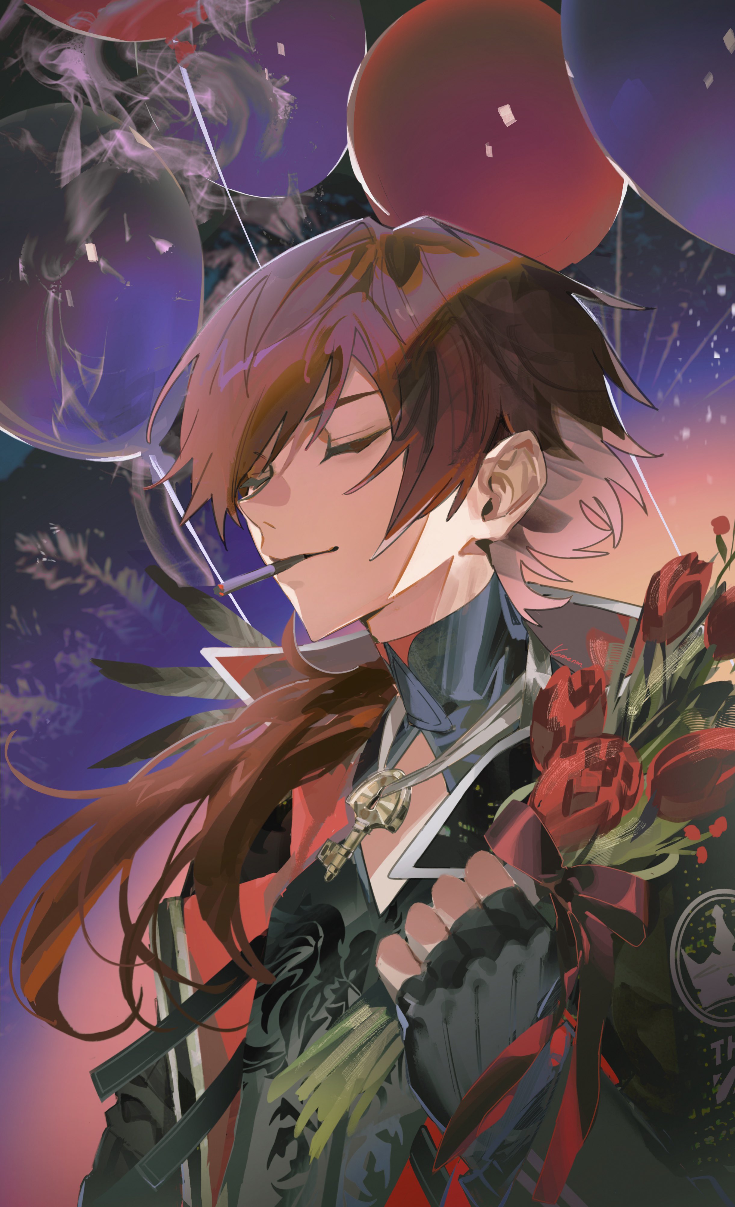 kome non, lauren iroas, lauren iroas (1st costume), nijisanji, absurdres, commentary, english commentary, highres, 1boy, balloon, black gloves, cigarette, cleavage cutout, closed eyes, closed mouth, clothing cutout, fingerless gloves, flower, gloves, gradient sky, hair between eyes, holding, holding flower, jewelry, key, long sleeves, male focus, necklace, ponytail, red flower, red hair, rose, side ponytail, sky, smile, smoke, smoking, solo, upper body, virtual youtuber