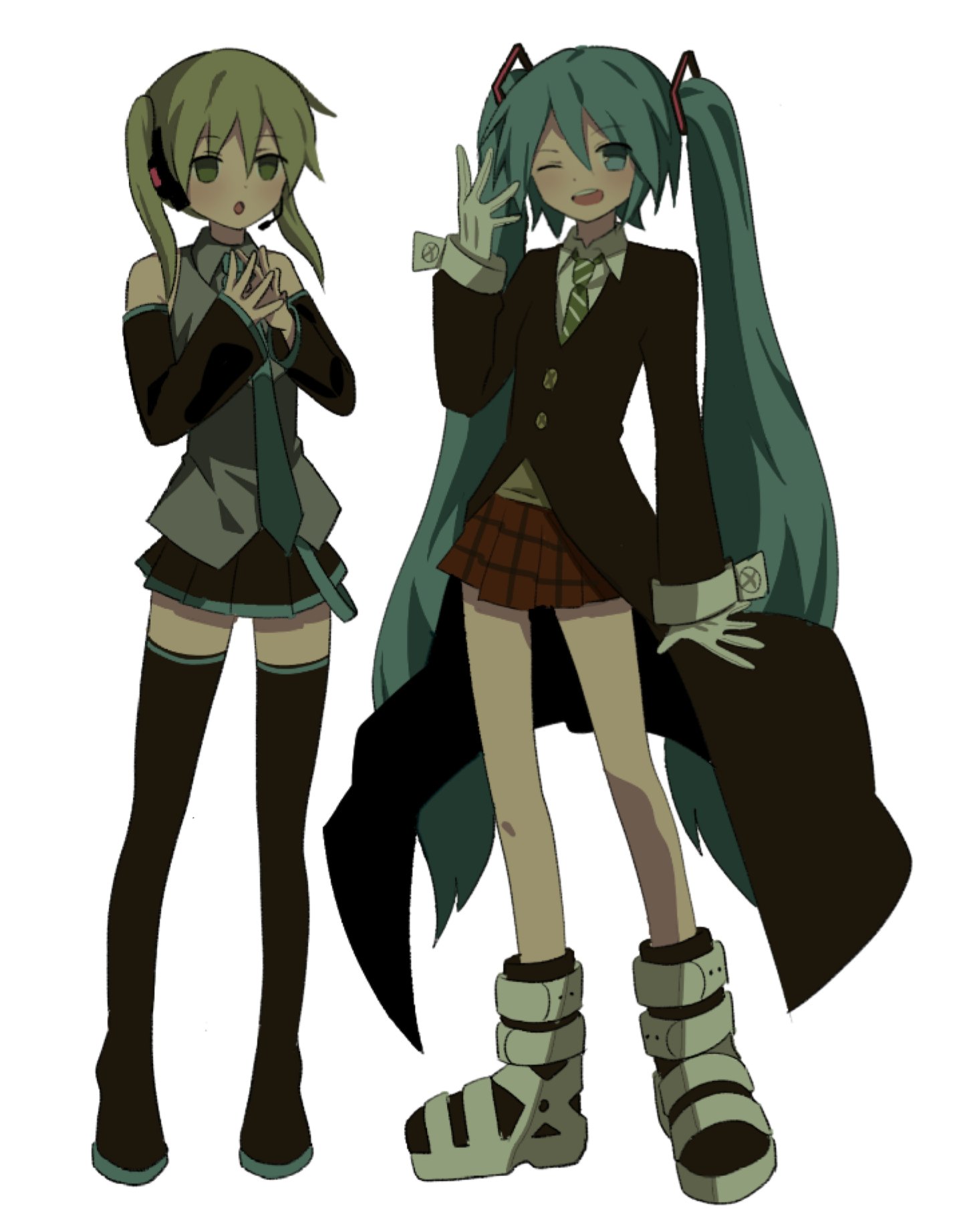 debakshotgun0, hatsune miku, maka albarn, soul eater, vocaloid, commentary request, highres, korean commentary, 2girls, aqua eyes, aqua hair, aqua necktie, bare shoulders, black coat, black skirt, black sleeves, blonde hair, boots, coat, collared shirt, cosplay, costume switch, detached sleeves, gloves, green eyes, green necktie, grey shirt, hair between eyes, hand up, hands up, hatsune miku (cosplay), headset, long hair, long sleeves, looking at viewer, maka albarn (cosplay), multiple girls, necktie, plaid clothes, plaid skirt, pleated skirt, red skirt, shirt, skirt, sleeveless, sleeveless shirt, thigh boots, thighhighs, twintails, very long hair, white background, white gloves, zettai ryouiki