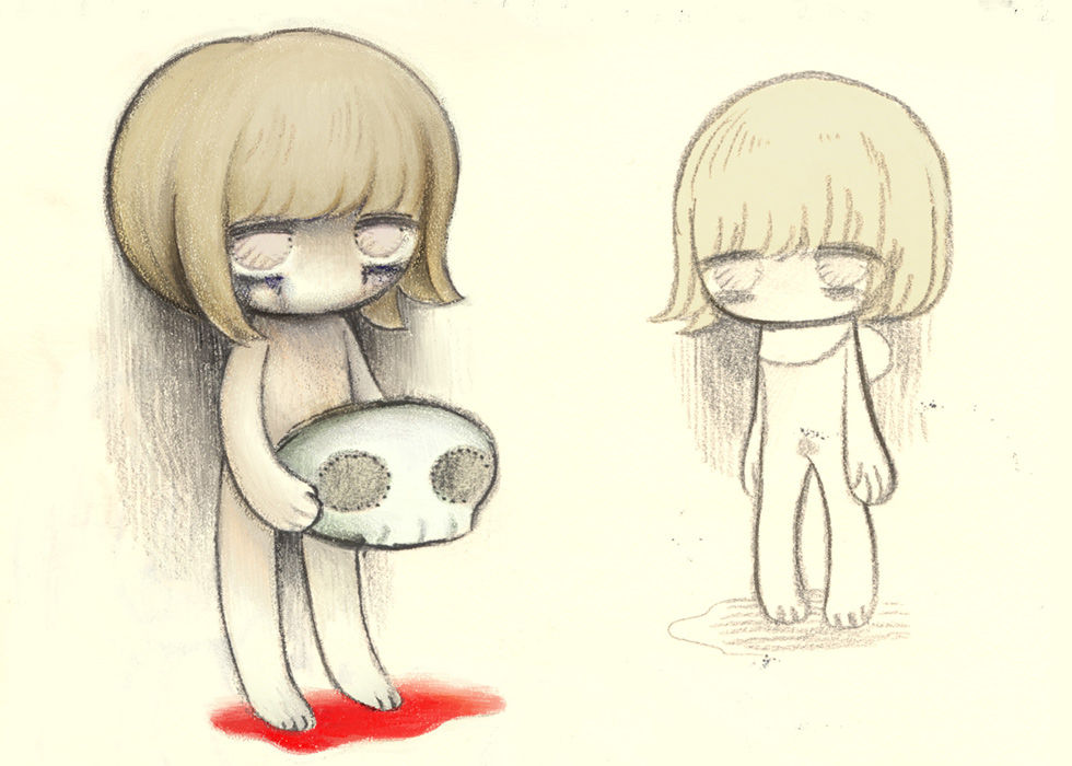 yukaman, traditional media, blonde hair, blood, guro, loli, nude, sketch, skull