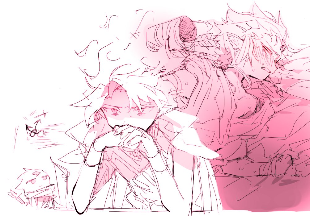 nana (ebitokanimiso), fire spirit cookie, wind archer cookie, cookie run, bad id, bad twitter id, commentary, inactive account, painttool sai (medium), symbol-only commentary, 2boys, :|, bishounen, blush, bow (weapon), closed mouth, fiery hair, forehead jewel, humanization, implied sex, jitome, monochrome, multiple boys, on bed, red theme, robe, short hair, sidelocks, simple background, sketch, weapon, white background, yaoi