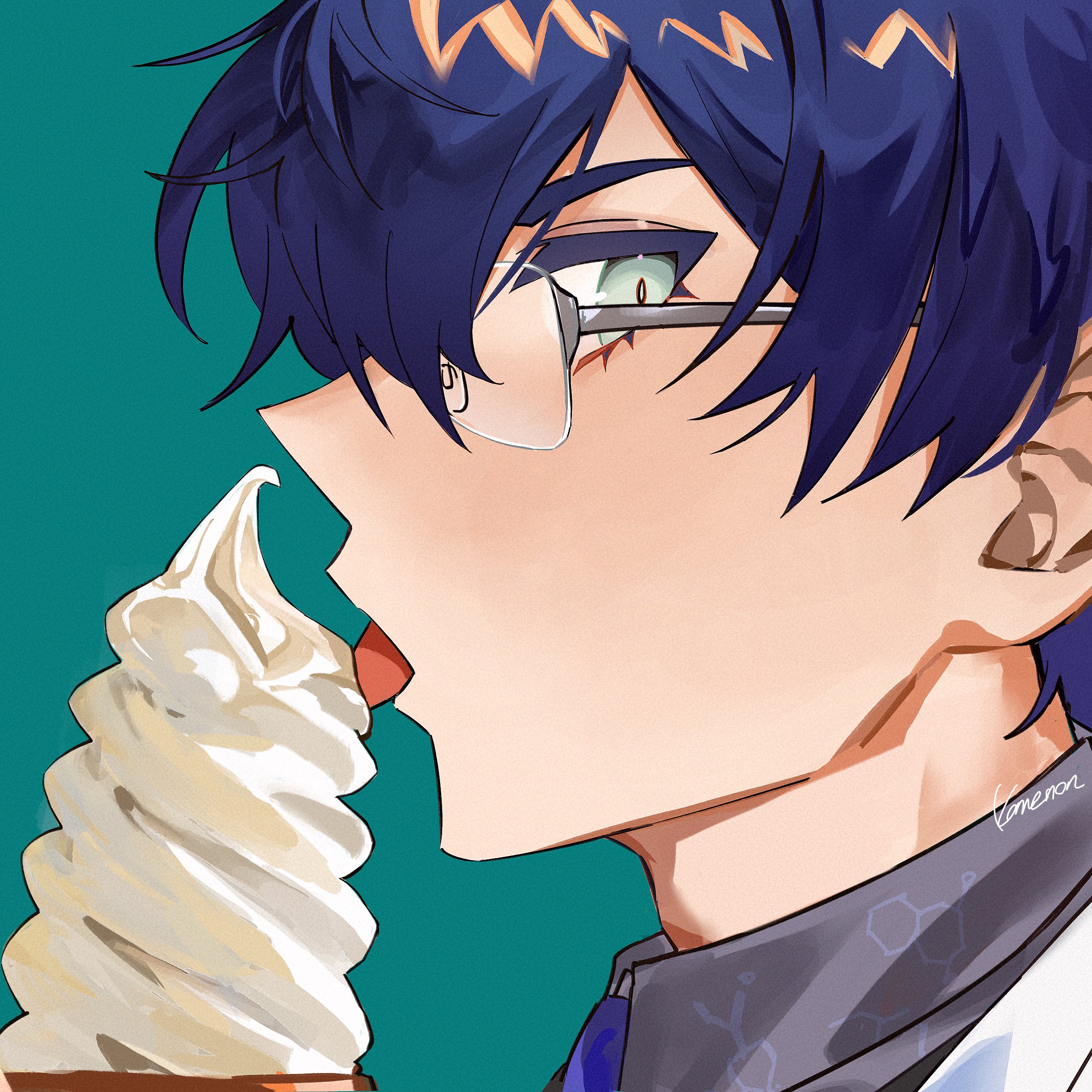 kome non, leos vincent, leos vincent (1st costume), nijisanji, absurdres, commentary, english commentary, highres, 1boy, aqua background, blue hair, eating, food, from side, glasses, green eyes, hair between eyes, ice cream, licking, looking at viewer, male focus, portrait, short hair, simple background, solo, tongue, tongue out, virtual youtuber