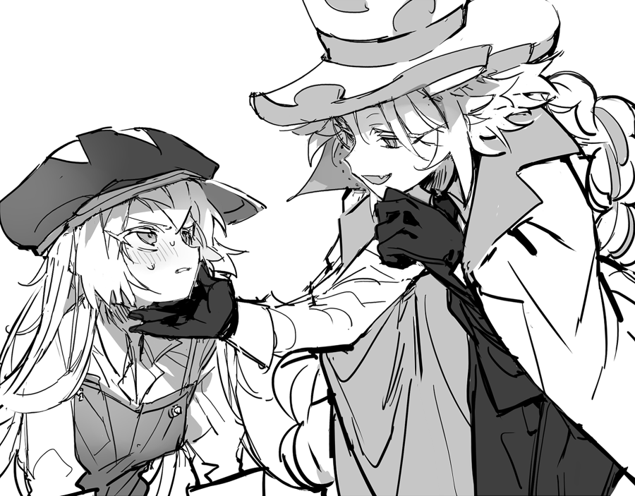 nana (ebitokanimiso), butter pretzel cookie, cookie run, cookie run: ovenbreak, bad id, bad twitter id, inactive account, painttool sai (medium), 1boy, 1girl, androgynous, bishounen, blush, braid, coat, fang, greyscale, hand on another's chin, hat, humanization, long hair, long sleeves, monochrome, monocle, open mouth, roguefort cookie, simple background, single braid, sketch, skin fang, very long hair, white background