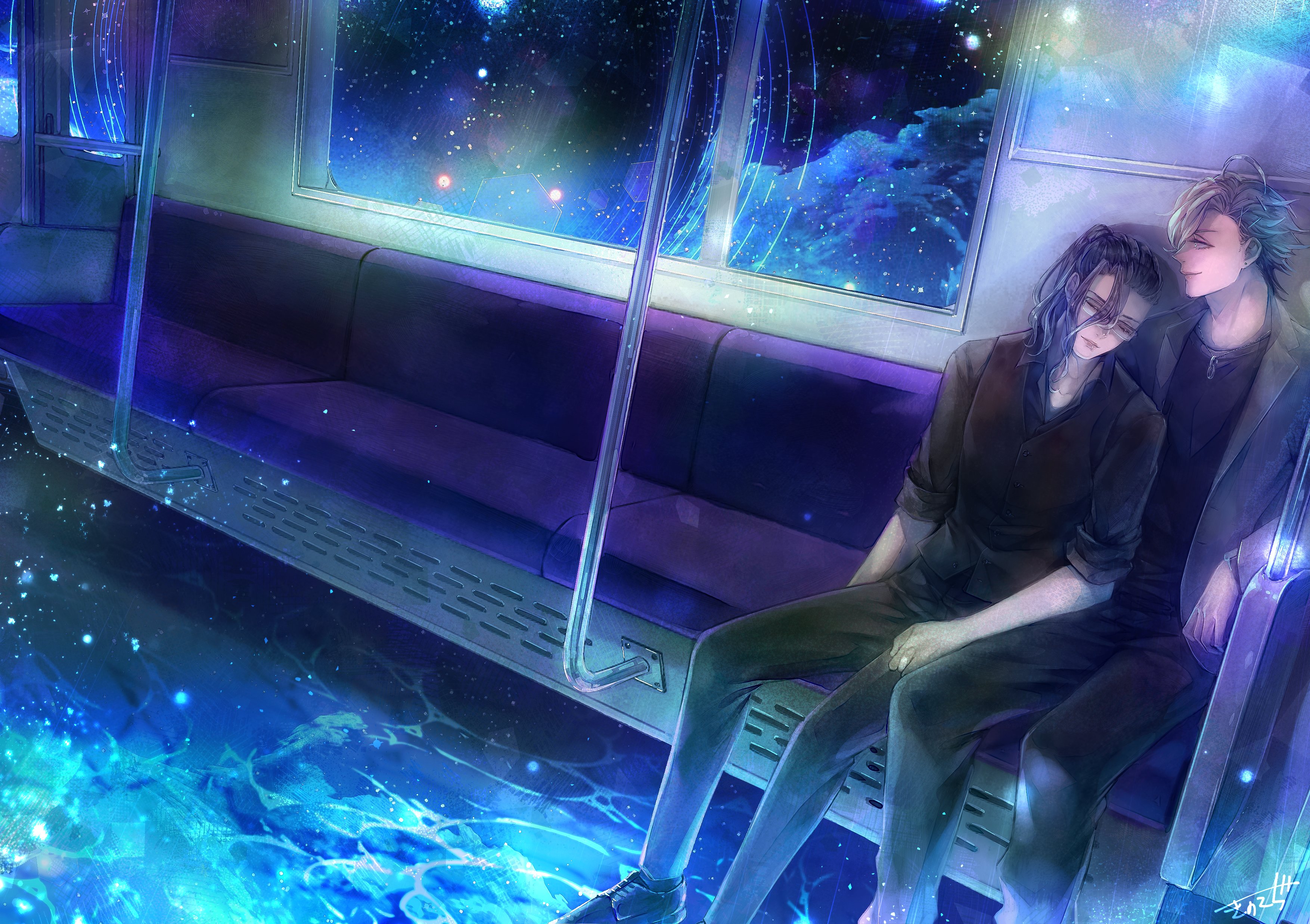 kino cozi, reality arc (sinoalice), aladdin (sinoalice), hameln (sinoalice), sinoalice, absurdres, commission, highres, second-party source, skeb commission, ahoge, black hair, black pants, black vest, blonde hair, blue eyes, brown hair, cuddling, earrings, glass, implied yaoi, jacket, jewelry, male focus, medium hair, multicolored hair, necklace, night, on bench, open clothes, open jacket, pants, ring, sidelocks, sitting, sleeves rolled up, smile, star (sky), train interior, two-tone hair, vest, water