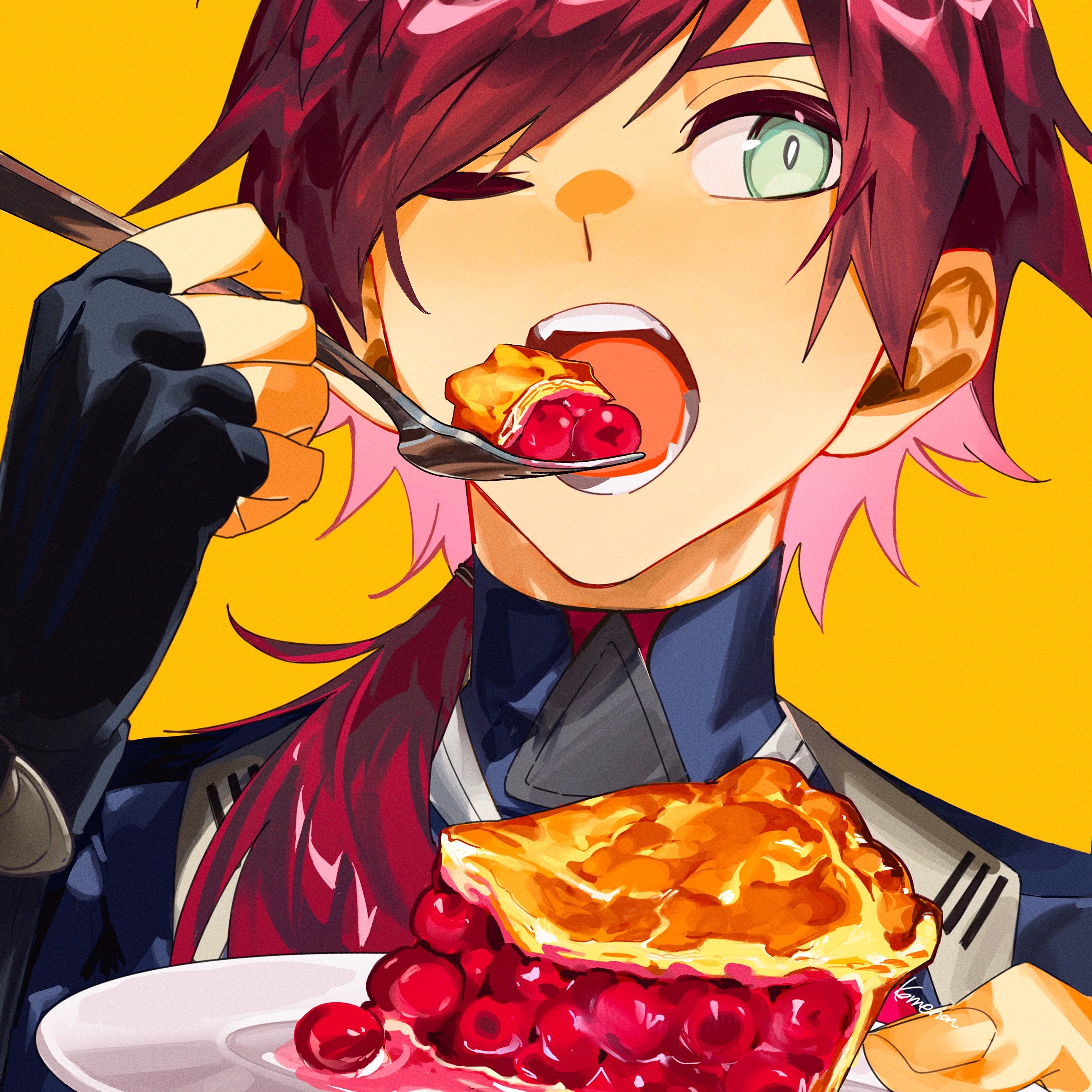 kome non, lauren iroas, lauren iroas (1st costume), nijisanji, absurdres, commentary, highres, symbol-only commentary, 1boy, arm up, black gloves, eating, fingerless gloves, food, fork, gloves, green eyes, hair between eyes, holding, holding fork, holding plate, long hair, looking to the side, male focus, one eye closed, open mouth, pie, pie slice, plate, ponytail, portrait, red hair, side ponytail, simple background, solo, teeth, turtleneck, virtual youtuber, yellow background