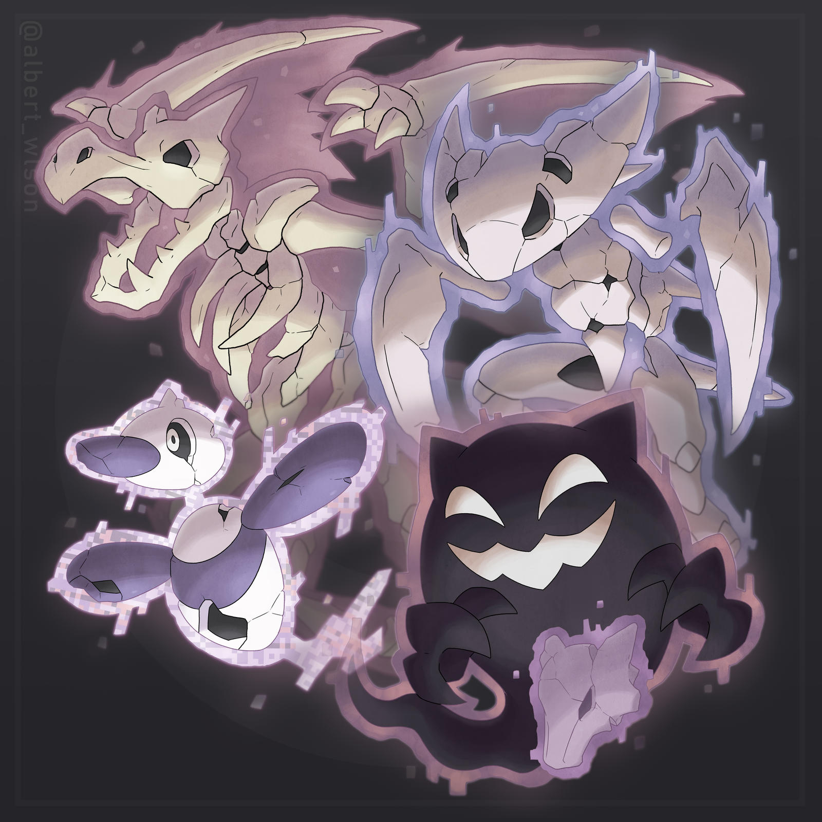 albrt-wlson, aerodactyl, kabutops, marowak, missingno., pokemon tower ghost, porygon-z, nintendo, pokemon, commentary, english commentary, highres, animal skeleton, gen 1 pokemon, gen 4 pokemon, ghost, glitch, grey background, instagram username, navel, pokemon (creature), pokemon focus, skull, white eyes