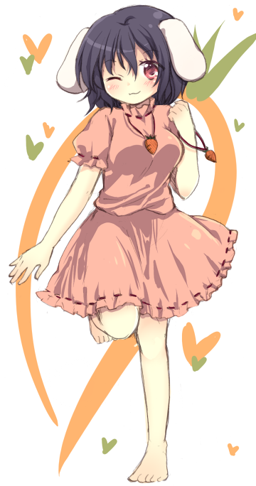 matsusaka gyuu, inaba tewi, touhou, bad id, bad pixiv id, 1girl, animal ears, barefoot, carrot, female focus, full body, heart, jewelry, one eye closed, pendant, rabbit ears, red eyes, smile, solo, standing, standing on one leg, wink
