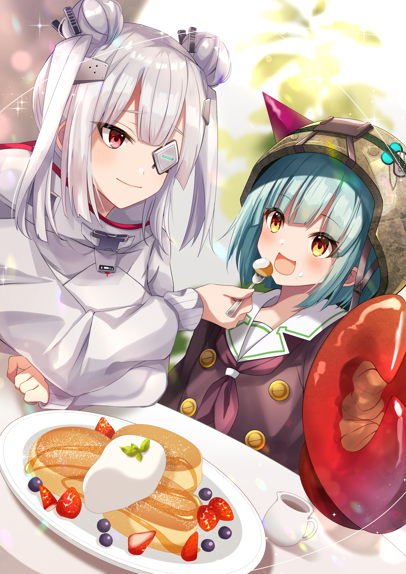 akatsuki (aktk511), bungo yayoi, yamawaki bon ivar, heaven burns red, commentary request, highres, 2girls, cake, crab claw, double bun, eyepatch, fake horns, feeding, food, fork, fruit, grapes, green hair, grey hair, hair bun, helmet, holding, holding fork, horned helmet, horns, multiple girls, red eyes, short hair, table, white hair, yellow eyes