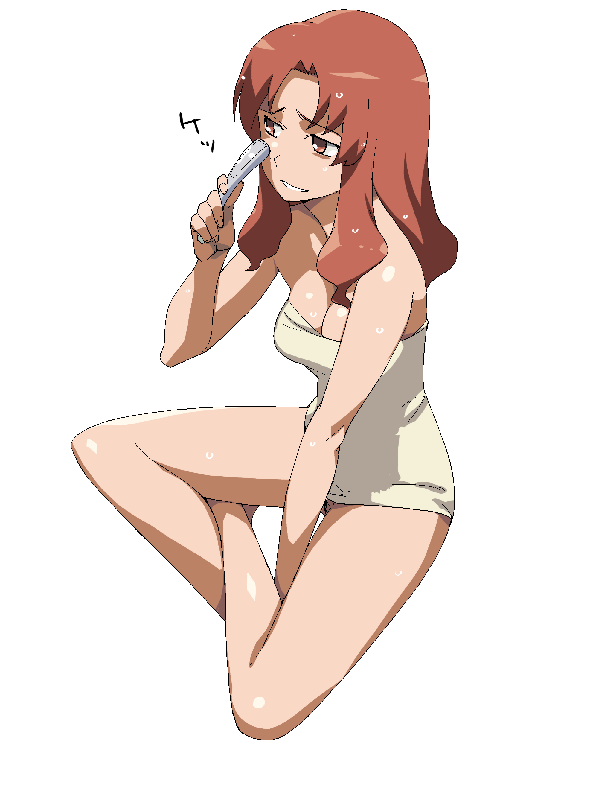 a1 (initial-g), koigakubo yuri, toradora!, absurdres, highres, 00s, 1girl, breasts, brown eyes, brown hair, cleavage, female focus, female pubic hair, long legs, naked towel, pubic hair, pussy, pussy peek, sitting, solo, towel, wet