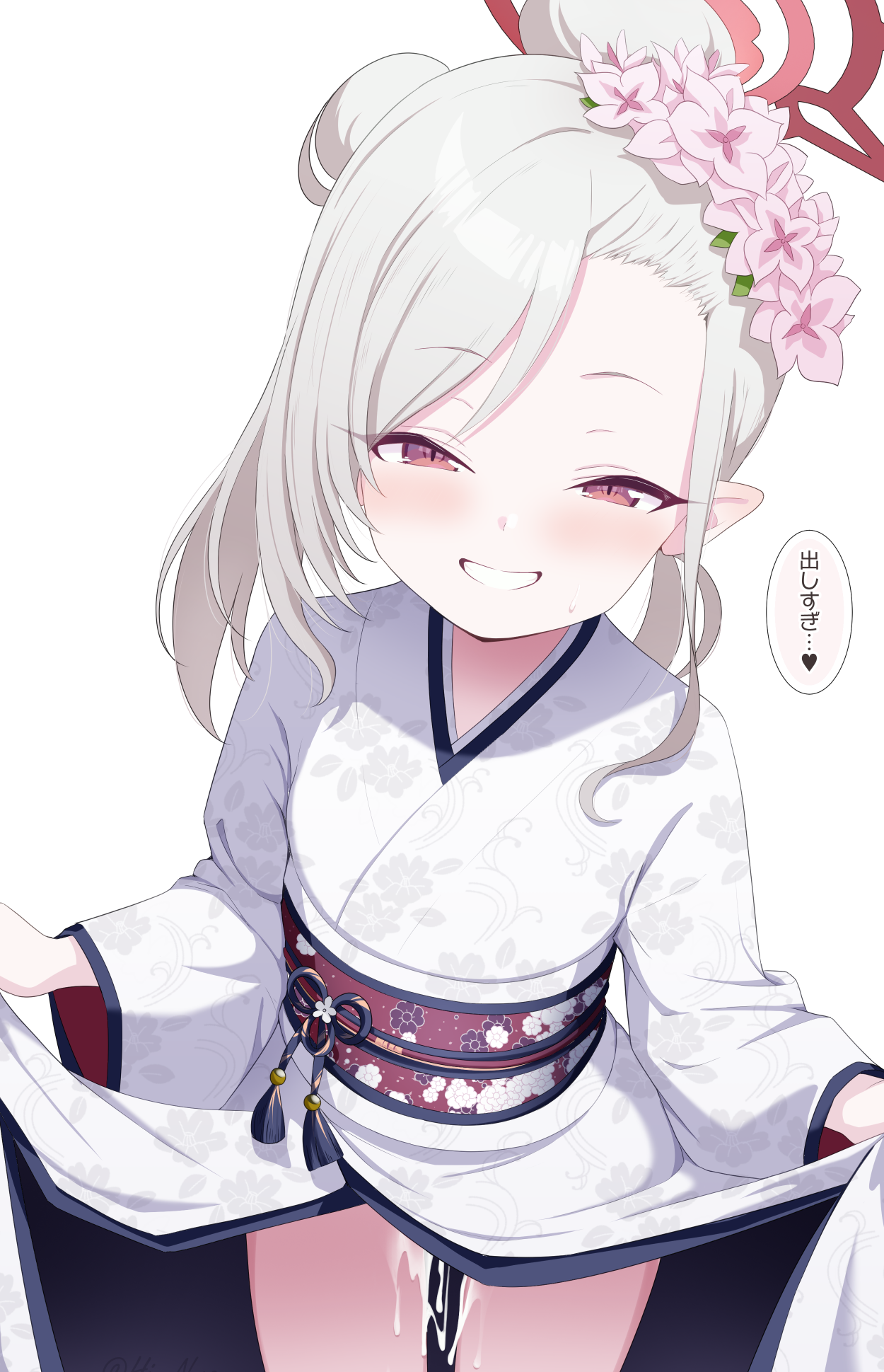 1gen sinkun, mutsuki (blue archive), mutsuki (new year) (blue archive), blue archive, commentary, highres, translation request, 1girl, asymmetrical bangs, blush, cum, cumdrip, flower, grey hair, hair bun, hair flower, hair ornament, half-closed eyes, halo, japanese clothes, kimono, looking at viewer, obi, official alternate costume, pointy ears, sash, simple background, smile, solo, speech bubble, thighs, white background, white kimono