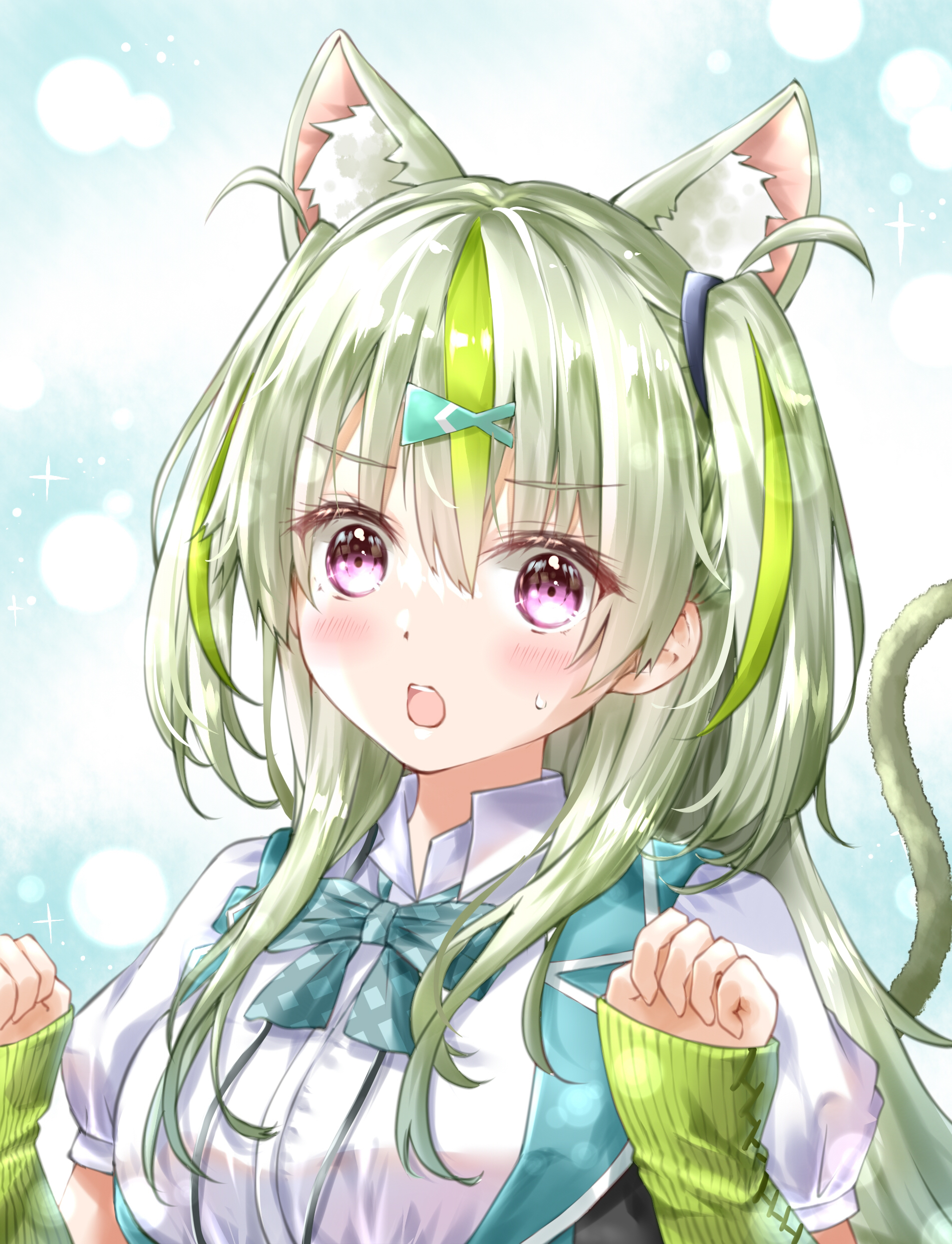 ayaro (genkiloobaii), ooshima isuzu, heaven burns red, absurdres, commentary request, highres, 1girl, animal ear fluff, animal ears, aqua bow, aqua bowtie, aqua vest, arm warmers, blue background, blush, bow, bowtie, breasts, cat ears, cat girl, cat tail, collared shirt, eyelashes, eyes visible through hair, frown, green arm warmers, green hair, green streaks, hair between eyes, hands up, kemonomimi mode, long hair, looking at viewer, medium breasts, multicolored hair, open clothes, open mouth, open vest, paw pose, pink eyes, shirt, short sleeves, simple background, solo, sparkle, streaked hair, sweatdrop, tail, tail raised, teeth, two side up, upper body, upper teeth only, v-shaped eyebrows, vest, white shirt