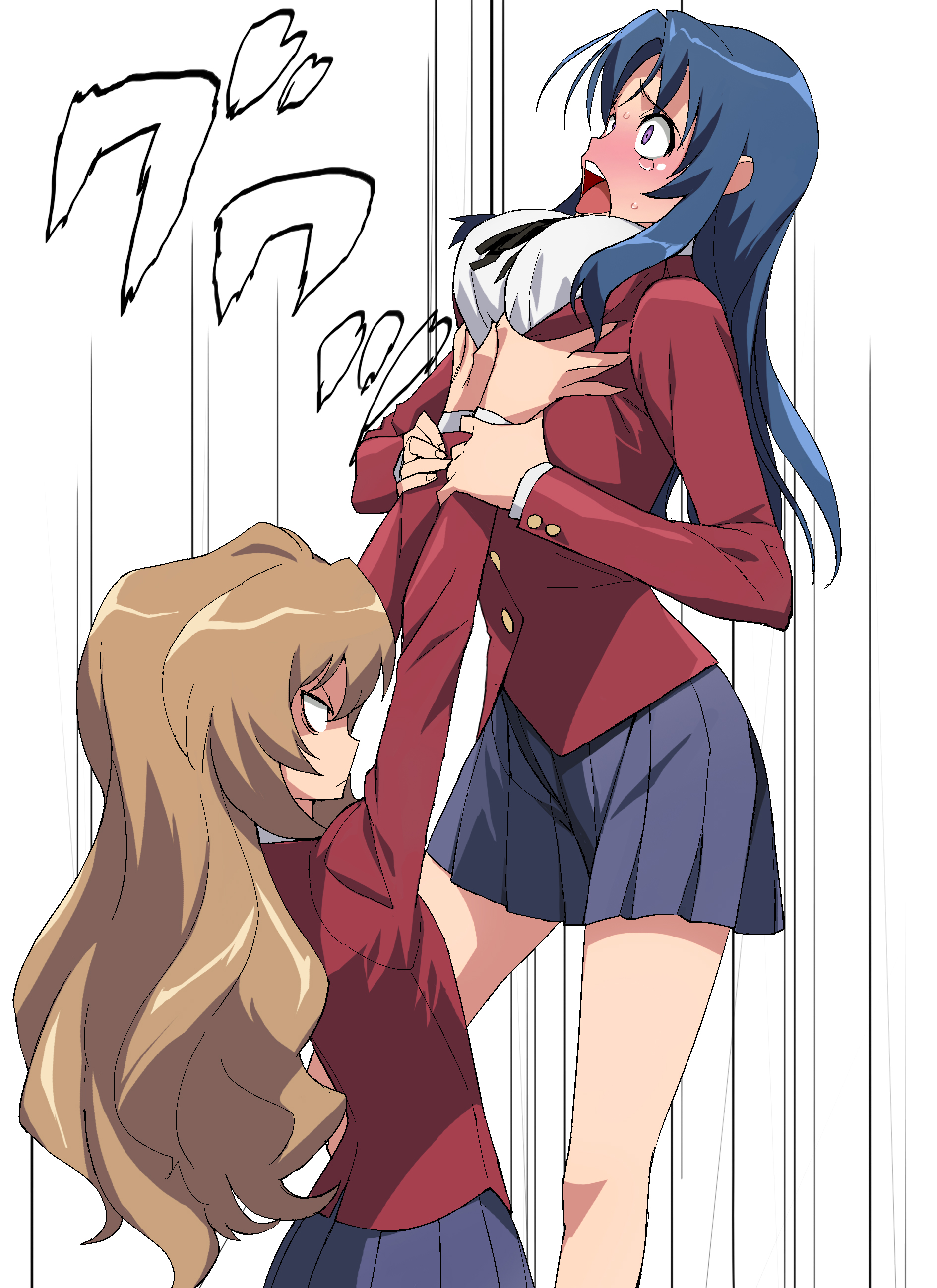 a1 (initial-g), aisaka taiga, kawashima ami, toradora!, absurdres, highres, 00s, 2girls, angry, blouse, blue hair, blush, breast lift, breasts, brown hair, buttoned cuffs, buttons, female focus, from side, frown, grabbing another's breast, groping, holding another's wrist, large breasts, legs apart, lifting person, long hair, miniskirt, motion lines, multiple girls, pain, pleated skirt, raised eyebrows, school uniform, shirt, simple background, skirt, speed lines, standing, strangling, tears, teeth, upper teeth only, v-shaped eyebrows, wavy hair, white background, white shirt