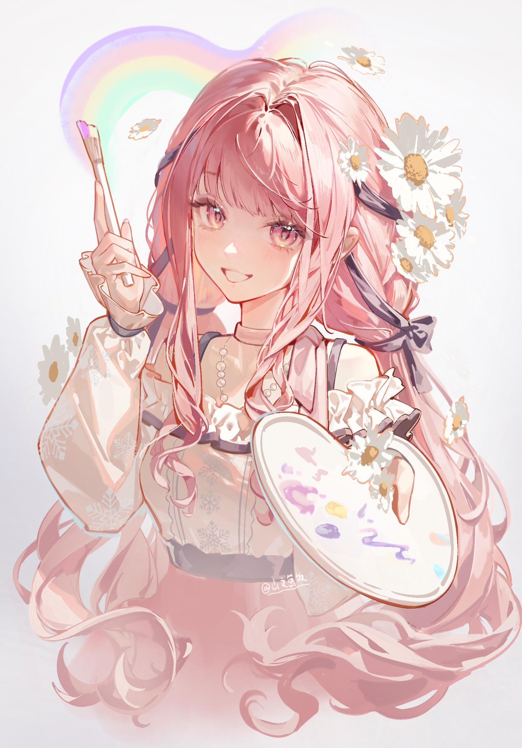 shanwenyufan, nikki (nikki), infinity nikki, nikki (series), chinese commentary, commentary request, highres, procreate (medium), 1girl, artist name, cropped legs, flower, grin, hair flower, hair ornament, holding, holding paint palette, holding paintbrush, jewelry, long sleeves, looking at viewer, necklace, paint palette, paintbrush, pearl necklace, pink eyes, pink hair, puffy long sleeves, puffy sleeves, smile, solo, white flower