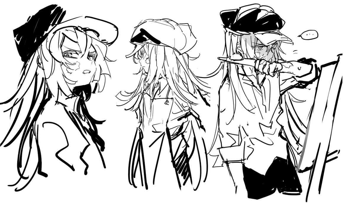 nana (ebitokanimiso), butter pretzel cookie, cookie run, cookie run: ovenbreak, bad id, bad twitter id, commentary, inactive account, painttool sai (medium), symbol-only commentary, …, 1girl, disgust, easel, hat, humanization, long hair, looking at viewer, monochrome, multiple views, shaded face, shirt, simple background, sketch, smock, spoken ellipsis, very long hair, white background