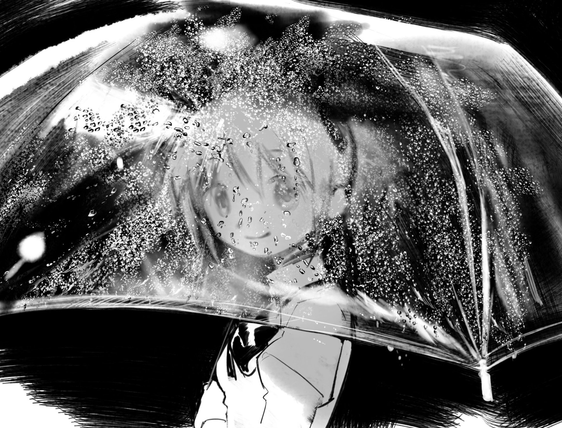 mihifu, kaname madoka, mahou shoujo madoka magica, mahou shoujo madoka magica (anime), commentary request, highres, 1girl, black background, blurry, bow, bowtie, closed mouth, collared shirt, greyscale, juliet sleeves, long sleeves, looking at viewer, mitakihara school uniform, monochrome, night, puffy sleeves, rain, school uniform, shirt, short hair, short twintails, smile, solo, sweater, transparent, transparent umbrella, twintails, umbrella, upper body, water