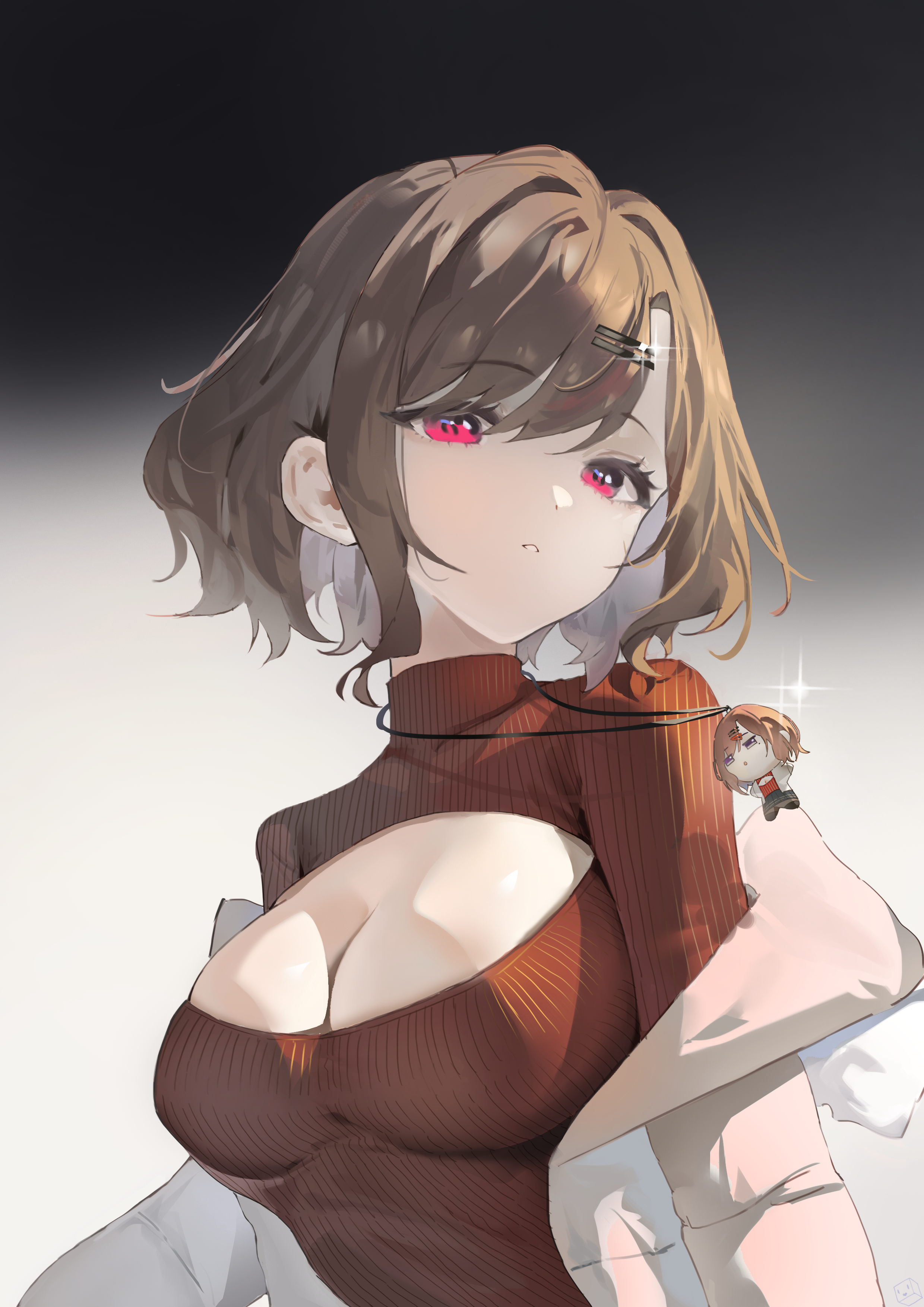 kuuhaku (pskf2372), higuchi madoka, idolmaster, idolmaster shiny colors, absurdres, commentary, highres, 1girl, alternate costume, breasts, brown hair, chibi, cleavage, cleavage cutout, clothing cutout, jacket, jacket partially removed, jewelry, looking at viewer, medium breasts, necklace, open-chest sweater, red eyes, red sweater, ribbed sweater, short hair, simple background, sweater, upper body, white jacket