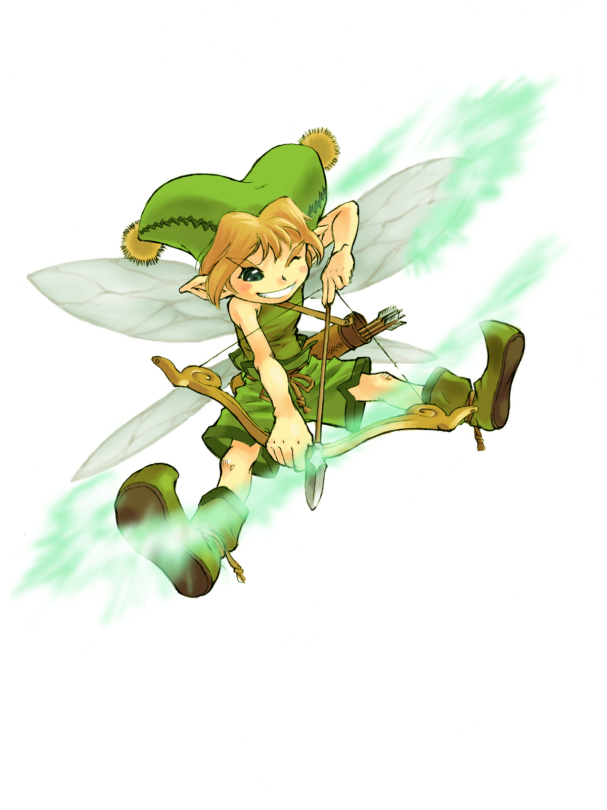 inomata mutsumi, sylph, sylph (tales), tales of (series), tales of eternia, highres, official art, 00s, 1boy, arrow (projectile), blonde hair, blush stickers, boots, full body, green eyes, grin, hat, legs, looking down, male focus, pointy ears, short hair, shorts, simple background, sleeveless, smile, solo, weapon, wince, wings