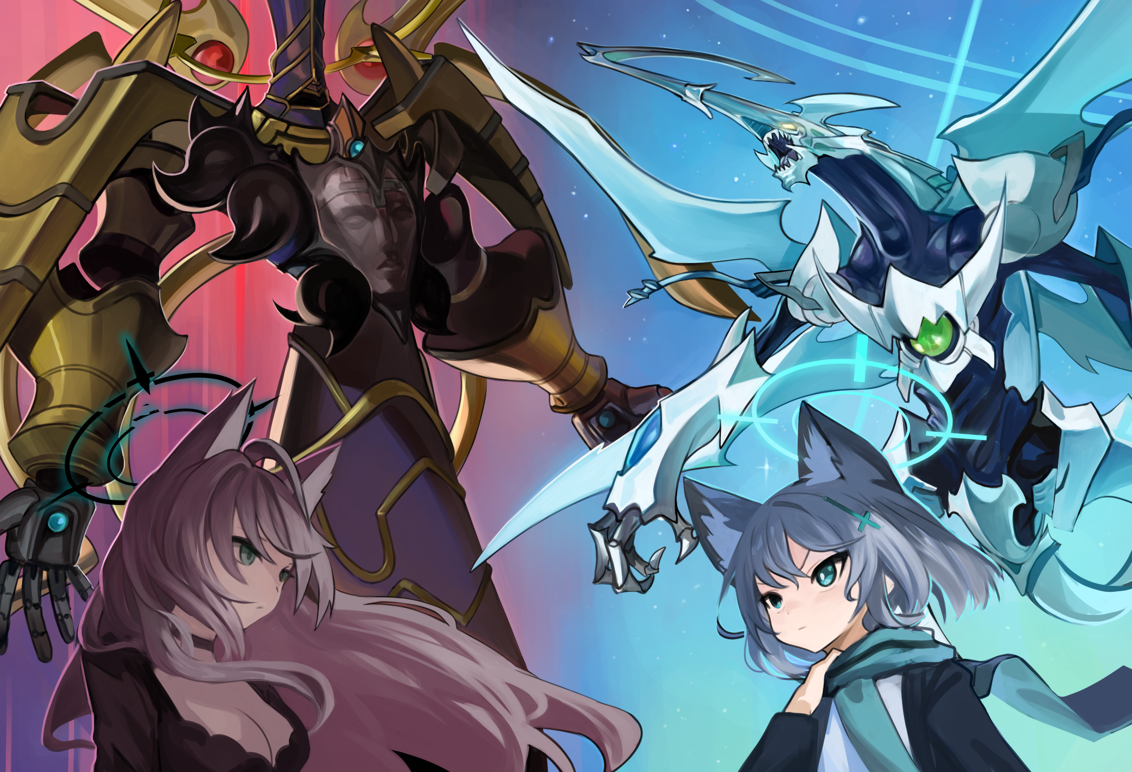 dokomon, sephylon the ultimate time lord, shiroko (blue archive), shiroko terror (blue archive), shooting quasar dragon, blue archive, yu-gi-oh!, 2girls, adjusting scarf, ahoge, animal ear fluff, animal ears, backlighting, black choker, black dress, black halo, black jacket, blue eyes, blue halo, blue scarf, breasts, choker, cleavage, cross hair ornament, dragon, dress, duel monster, floating hair, floating scarf, hair ornament, halo, jacket, large breasts, long hair, looking at another, mecha, medium hair, mismatched pupils, multiple girls, robot, scarf, sky, star (sky), starry sky, white hair, wolf ears, wolf girl