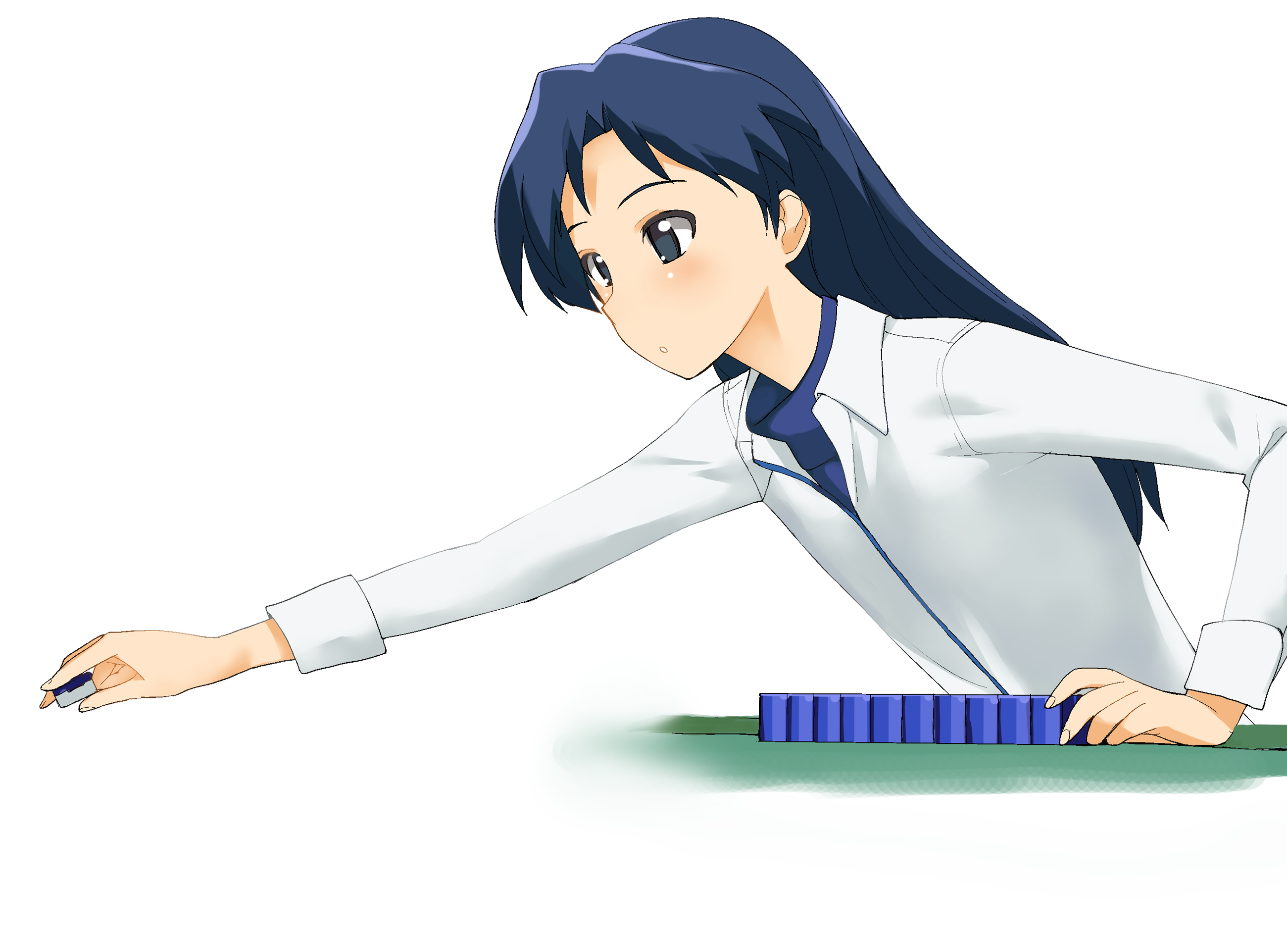 a1 (initial-g), kisaragi chihaya, idolmaster, idolmaster (classic), highres, 00s, 1girl, board game, female focus, flat chest, holding, holding mahjong tile, mahjong, mahjong tile, playing games, solo