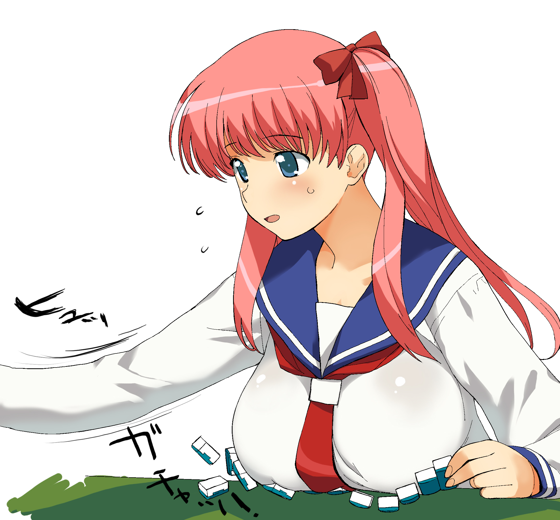 a1 (initial-g), haramura nodoka, saki (manga), highres, 1girl, blue eyes, blush, board game, breasts, failure, female focus, huge breasts, inconvenient breasts, mahjong, parody, pink hair, playing games, school uniform, serafuku, solo, sweat, twintails
