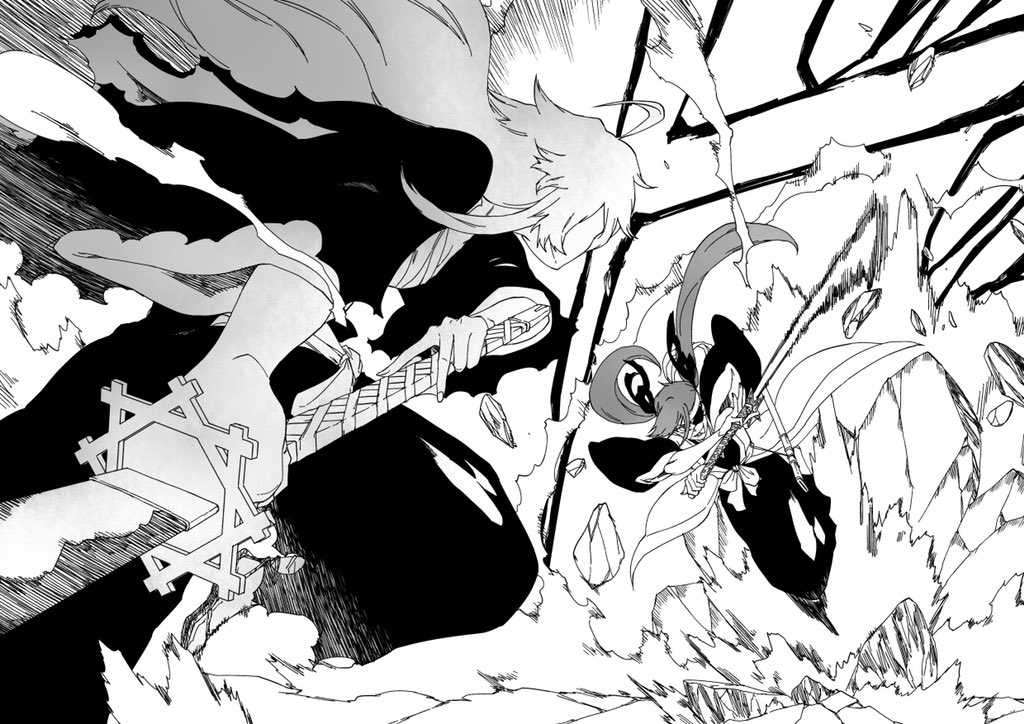 hitsuran99, saitou furoufushi, bleach, bleach: sennen kessen-hen, original, commentary request, 2girls, chest sarashi, duel, eyepatch, greyscale, hair ribbon, haori, headband, holding, holding sword, holding weapon, jacket, japanese clothes, long hair, monochrome, motion lines, multiple girls, open clothes, open jacket, ribbon, rock, sarashi, shihakusho, speed lines, sword, taichou haori, twintails, weapon