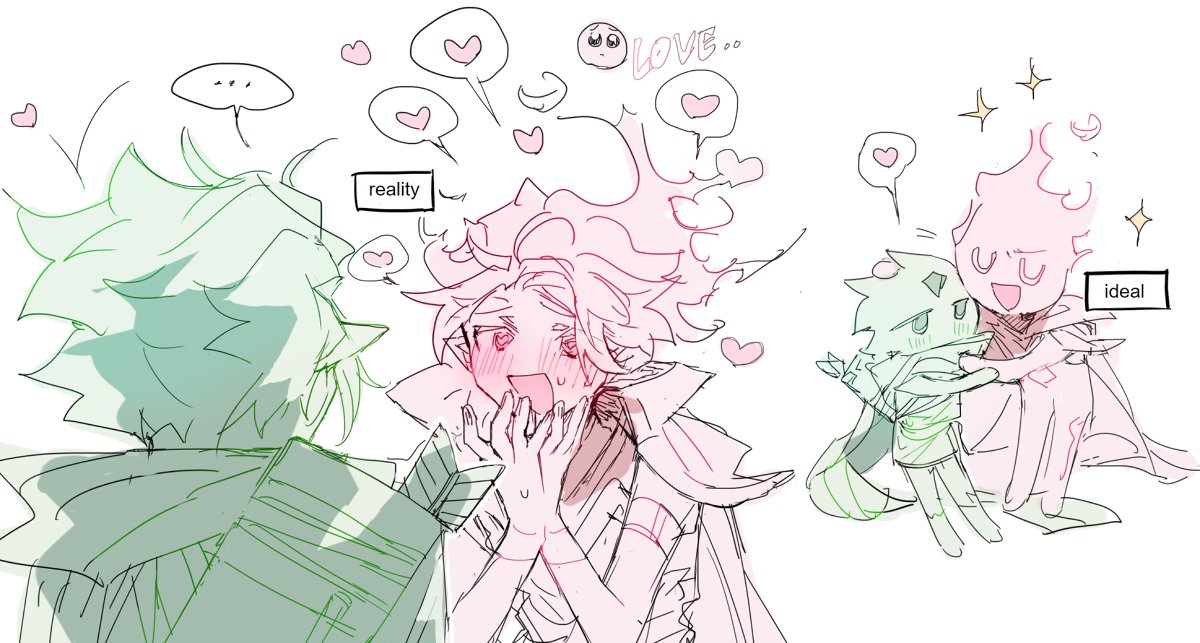 nana (ebitokanimiso), fire spirit cookie, wind archer cookie, cookie run, bad id, bad twitter id, commentary request, inactive account, painttool sai (medium), …, 2boys, armor, arrow (projectile), blush, chibi, closed eyes, emoji, expectation vs. reality, fiery hair, flustered, green theme, heart, heart-shaped pupils, hug, humanization, jitome, multiple boys, multiple views, open mouth, pleading face emoji, quiver, red theme, short hair, simple background, sketch, sparkle, spoken ellipsis, symbol-shaped pupils, u u, white background, yaoi