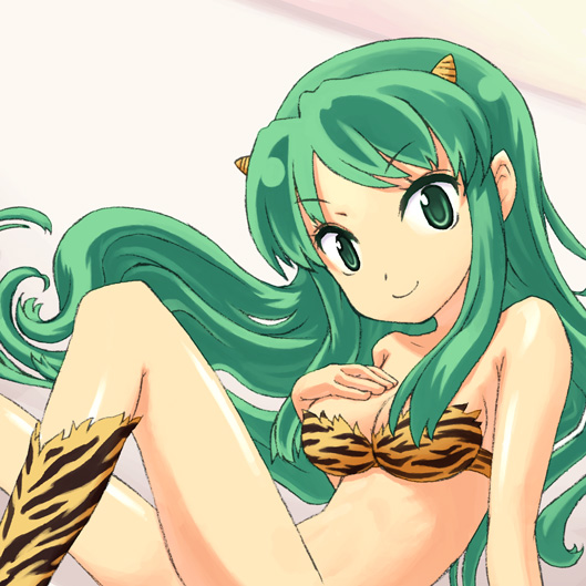 buntan, lum, urusei yatsura, 1girl, animal print, bikini, boots, breasts, cone horns, female focus, green eyes, green hair, horns, long hair, matching hair/eyes, medium breasts, oni, small horns, solo, swimsuit, tiger print