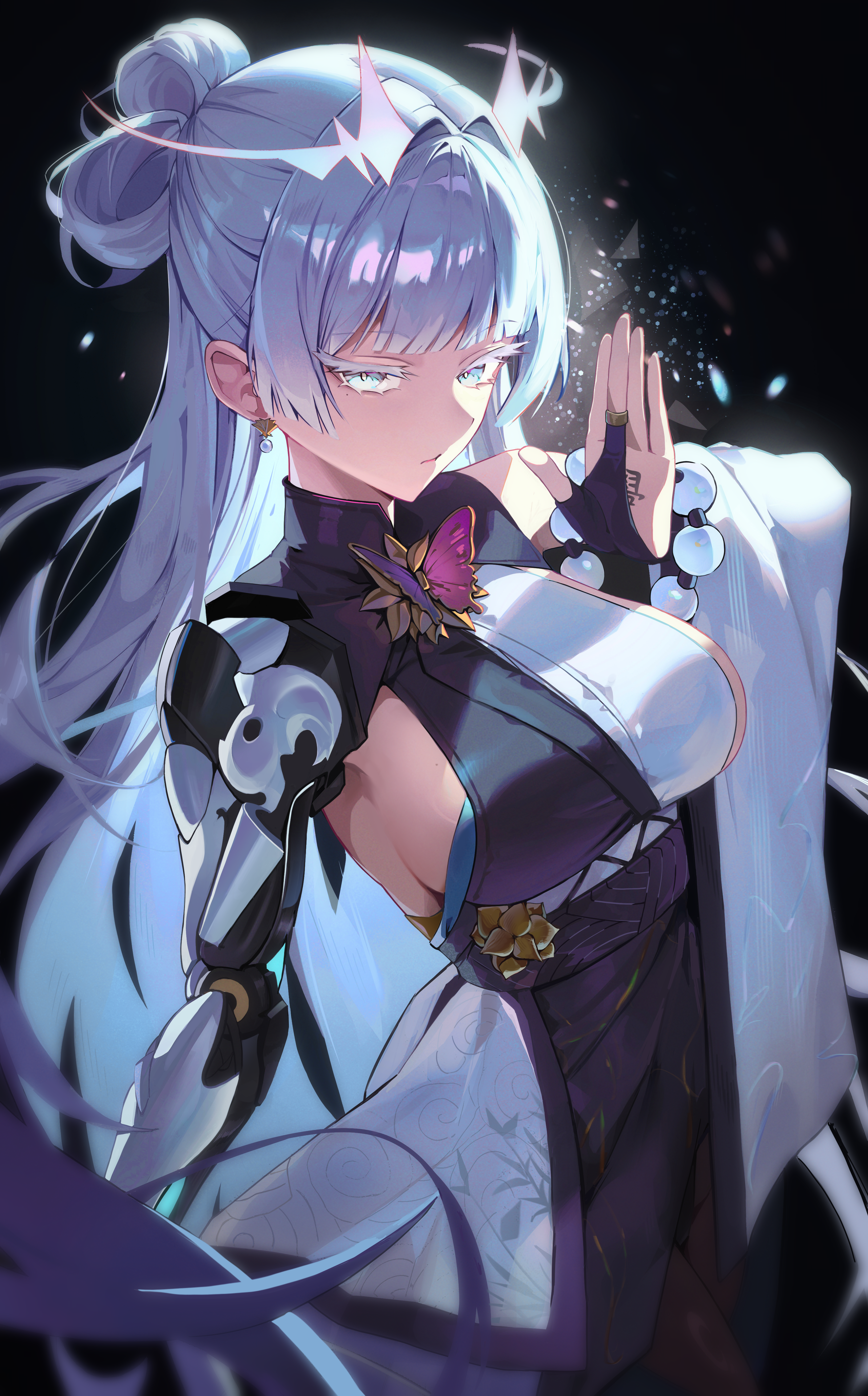 chann837, nayuta (nikke), goddess of victory: nikke, absurdres, commentary request, highres, 1girl, black background, black pantyhose, blue eyes, breasts, bridal gauntlets, dress, earrings, japanese clothes, jewelry, large breasts, long hair, pantyhose, prosthesis, prosthetic arm, sideboob, solo, two-tone dress, very long hair, white eyeshadow, white hair