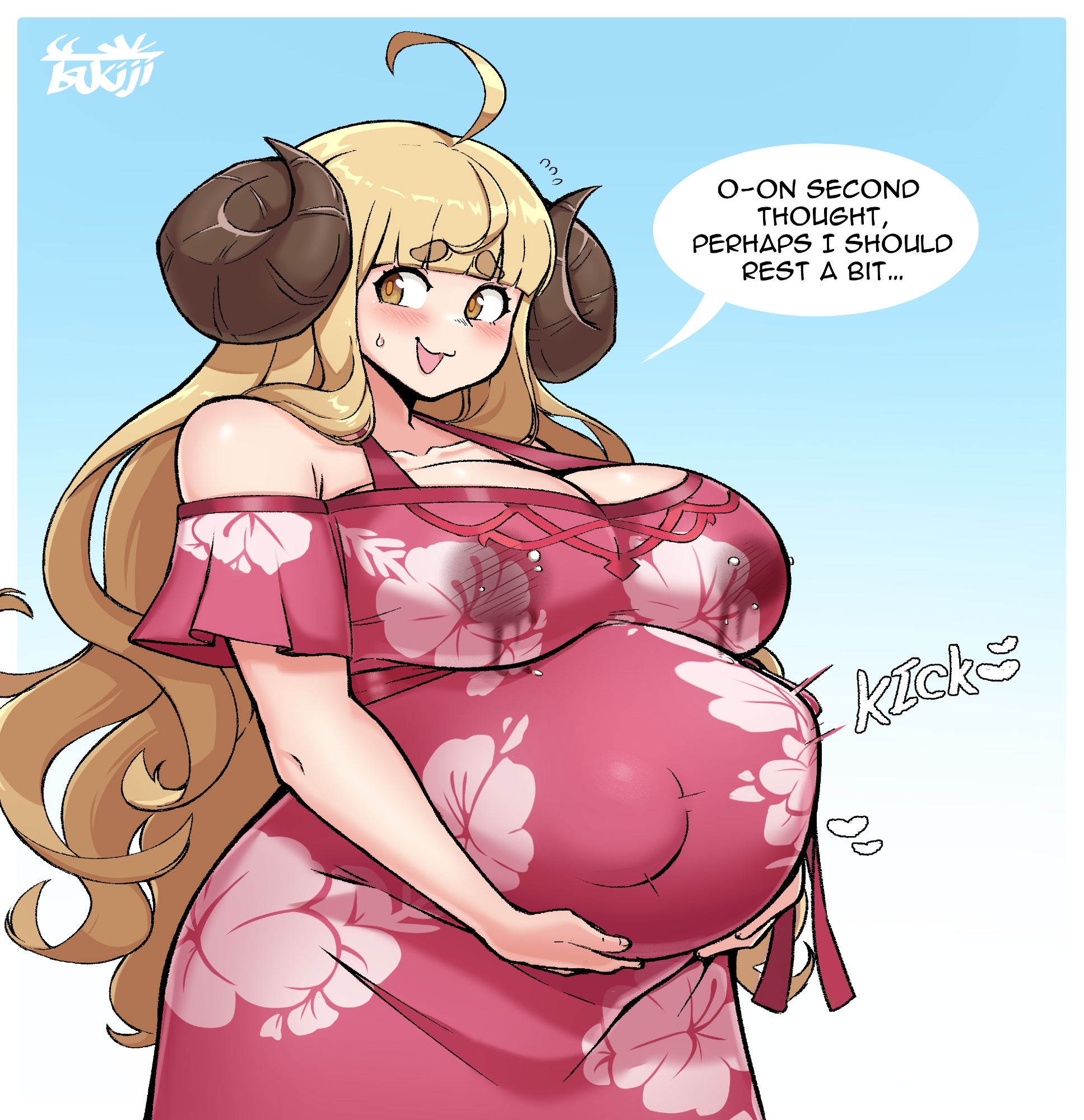 tsukijitums, anila (granblue fantasy), granblue fantasy, commentary, english commentary, highres, 1girl, ahoge, artist logo, artist name, bare shoulders, belly, big belly, blunt bangs, blush, border, breasts, cleavage, collarbone, dress, english text, fetal movement, hands on own stomach, horns, lactation, logo, long hair, looking at viewer, open mouth, pregnant, solo, speech bubble, very long hair, white border