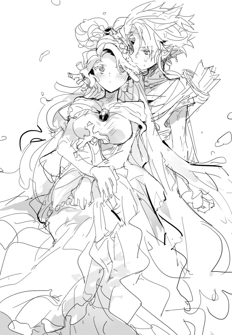 nana (ebitokanimiso), sea fairy cookie, sea fairy cookie (luminous coral), wind archer cookie, cookie run, cookie run: ovenbreak, bad id, bad twitter id, commentary, inactive account, painttool sai (medium), symbol-only commentary, 1boy, 1girl, arrow (projectile), blush, breasts, couple, dress, forehead jewel, greyscale, hetero, large breasts, long hair, monochrome, official alternate costume, pointy ears, quiver, short hair, simple background, sketch, sword, updo, very long hair, weapon, white background